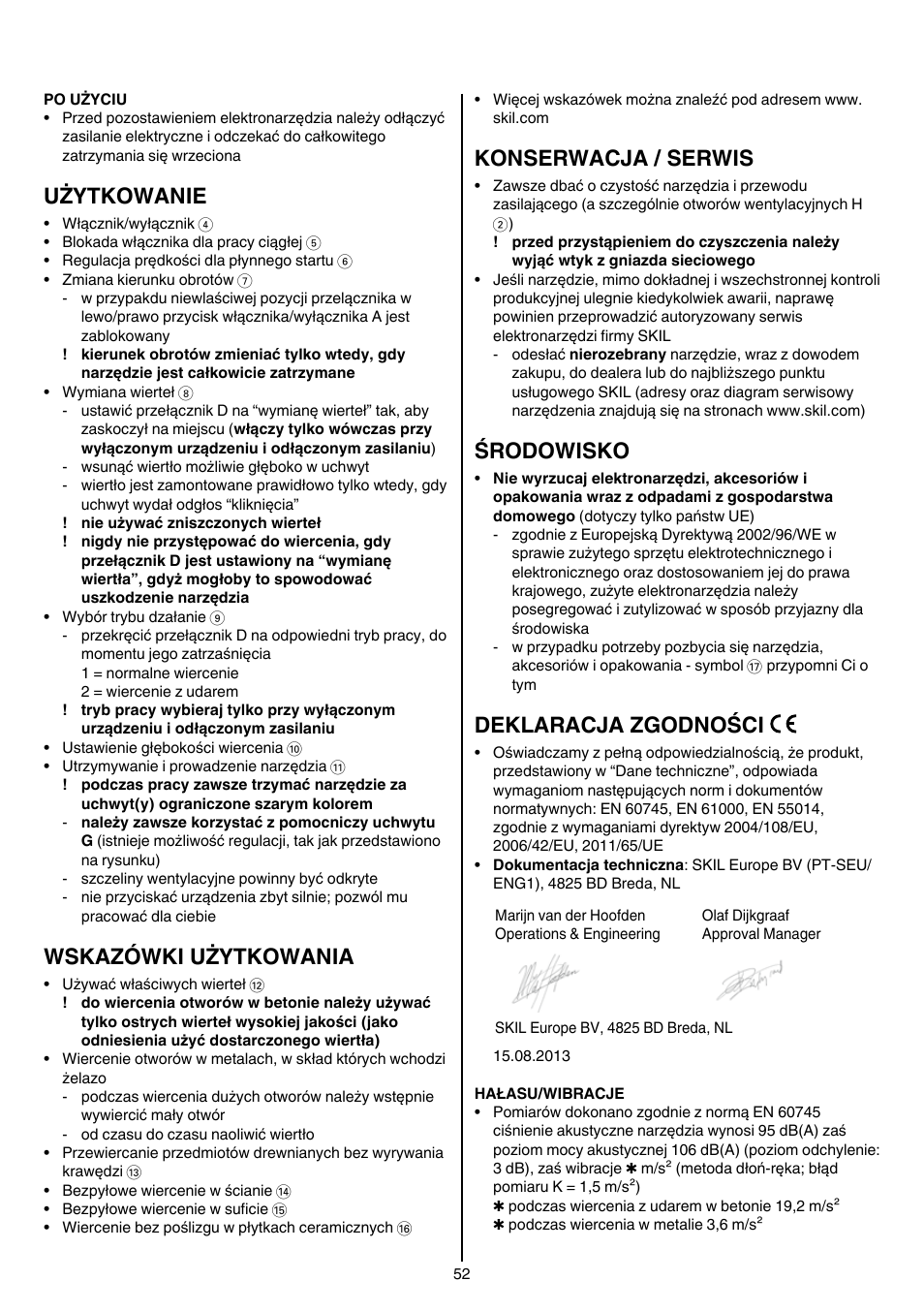 Użytkowanie, Wskazówki użytkowania, Konserwacja / serwis | Środowisko, Deklaracja zgodności | Skil 6950 AA (Torro) User Manual | Page 52 / 108