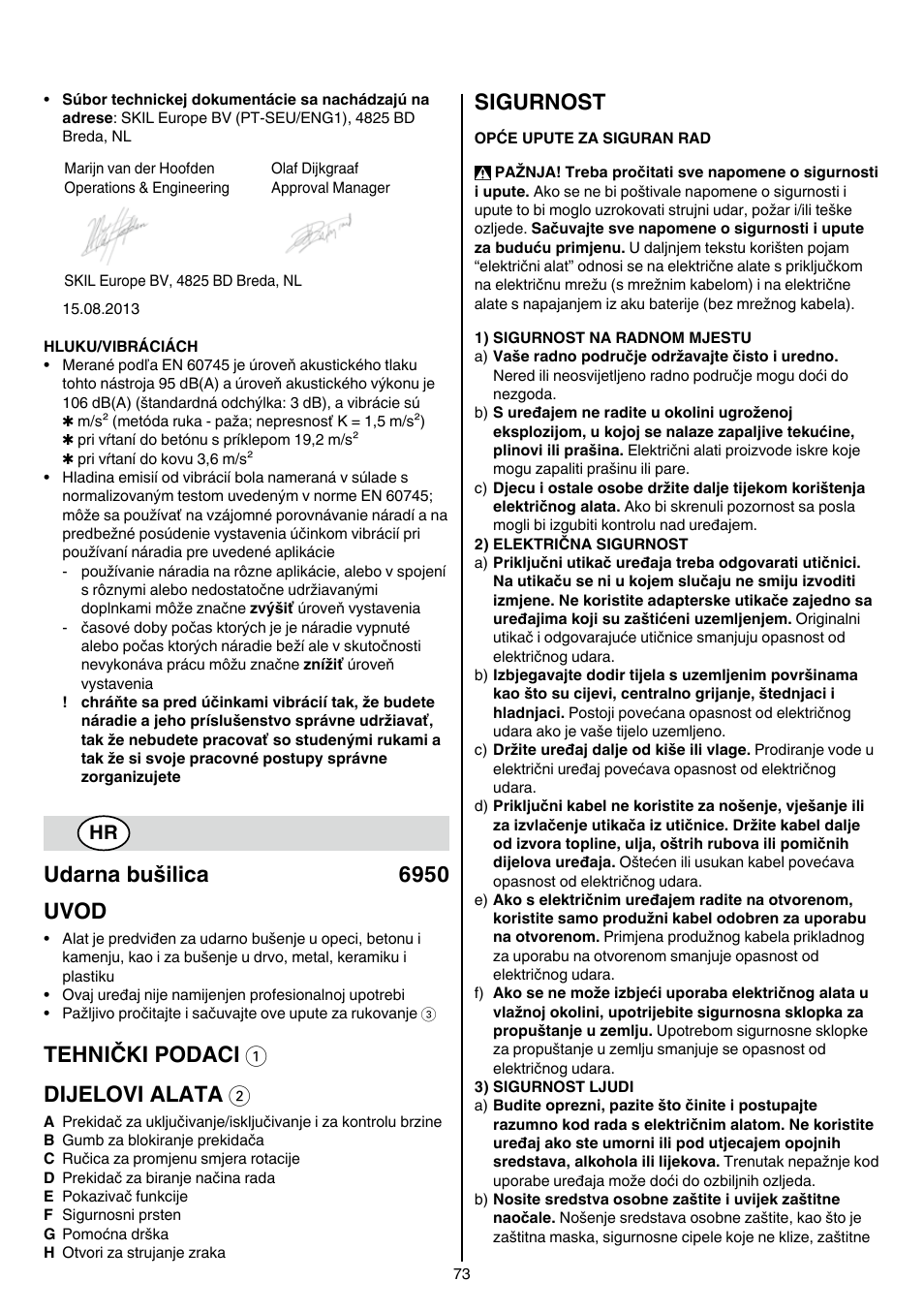 Udarna bušilica 6950 uvod, Tehnički podaci 1 dijelovi alata 2, Sigurnost | Skil 6950 AA (Torro) User Manual | Page 73 / 108