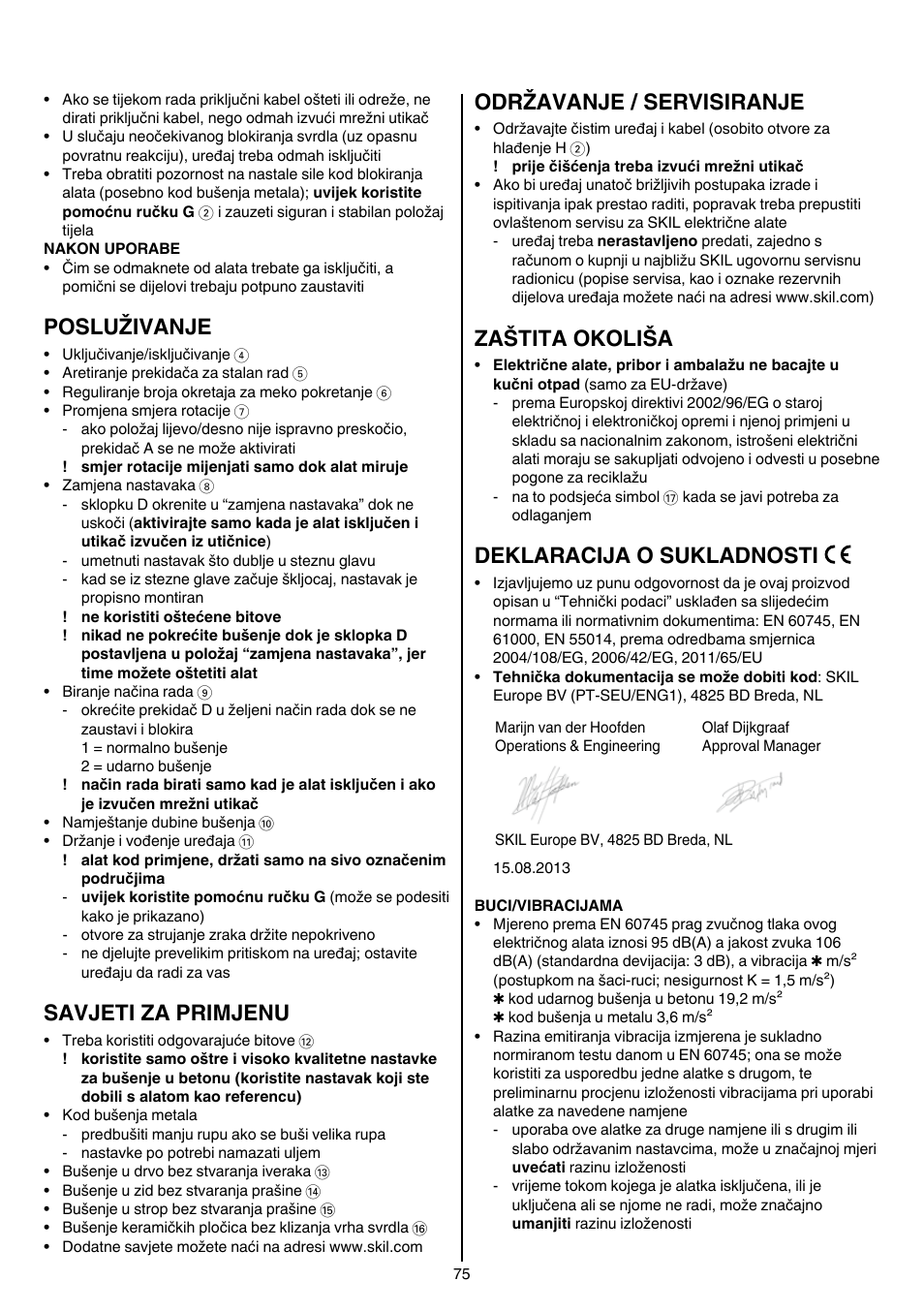 Posluživanje, Savjeti za primjenu, Održavanje / servisiranje | Zaštita okoliša, Deklaracija o sukladnosti | Skil 6950 AA (Torro) User Manual | Page 75 / 108