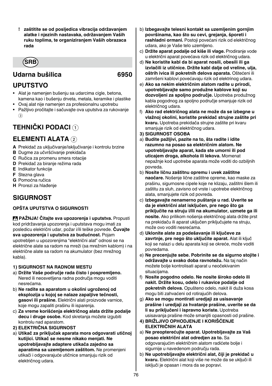 Udarna bušilica 6950 uputstvo, Tehnički podaci 1 elementi alata 2, Sigurnost | Skil 6950 AA (Torro) User Manual | Page 76 / 108