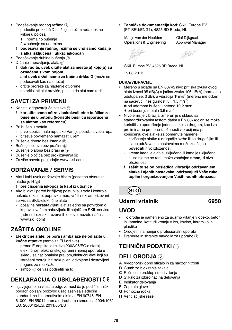 Saveti za primenu, Održavanje / servis, Zaštita okoline | Deklaracija o usklađenosti, Udarni vrtalnik 6950 uvod, Tehnični podatki 1 deli orodja 2 | Skil 6950 AA (Torro) User Manual | Page 78 / 108