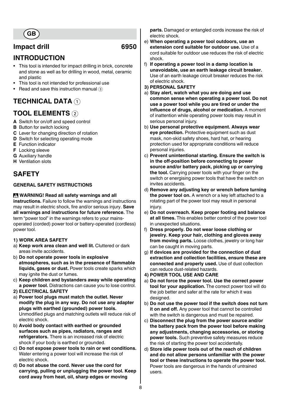 Impact drill 6950 introduction, Technical data 1 tool elements 2, Safety | Skil 6950 AA (Torro) User Manual | Page 8 / 108