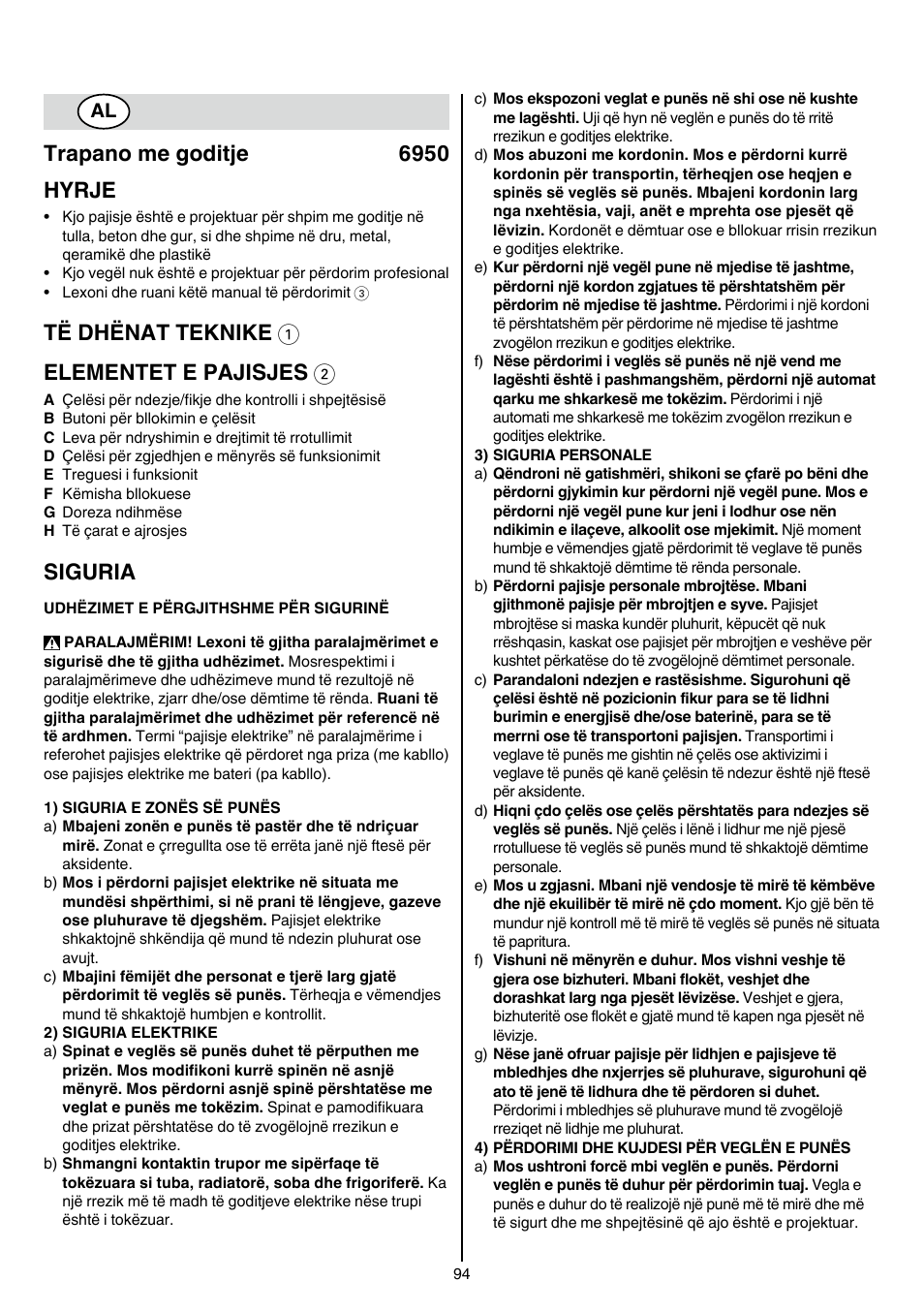 Trapano me goditje 6950 hyrje, Të dhënat teknike 1 elementet e pajisjes 2, Siguria | Skil 6950 AA (Torro) User Manual | Page 94 / 108