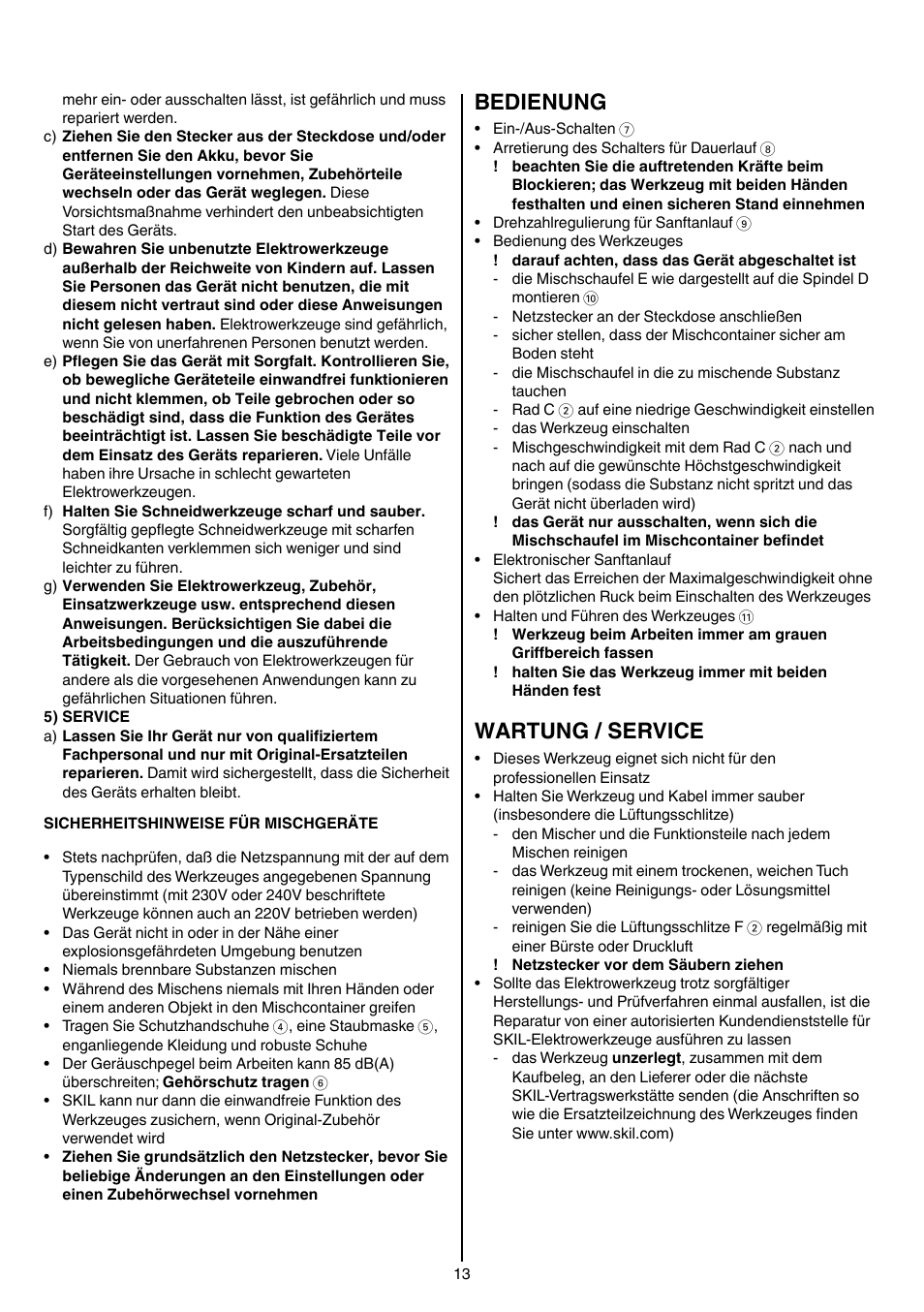 Bedienung, Wartung / service | Skil 1016 AA User Manual | Page 13 / 88