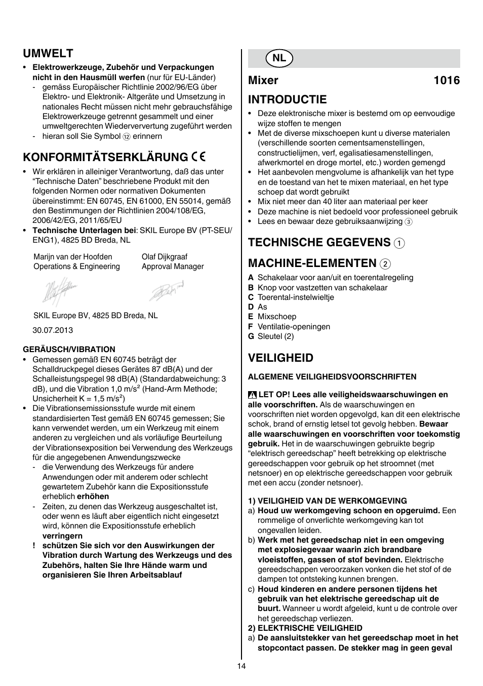 Umwelt, Konformitätserklärung, Mixer 1016 introductie | Technische gegevens 1 machine-elementen 2, Veiligheid | Skil 1016 AA User Manual | Page 14 / 88