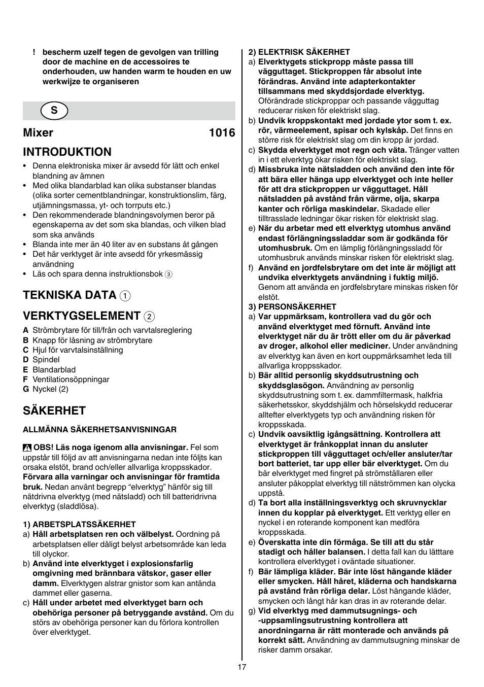 Mixer 1016 introduktion, Tekniska data 1 verktygselement 2, Säkerhet | Skil 1016 AA User Manual | Page 17 / 88