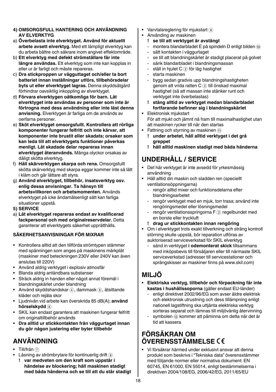 Användning, Underhåll / service, Miljö | Försäkran om överensstämmelse | Skil 1016 AA User Manual | Page 18 / 88