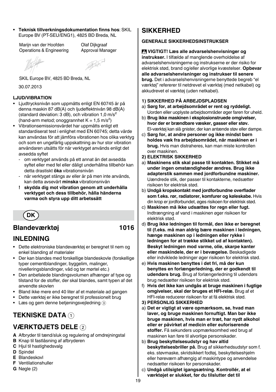 Blandeværktøj 1016 inledning, Tekniske data 1 værktøjets dele 2, Sikkerhed | Skil 1016 AA User Manual | Page 19 / 88