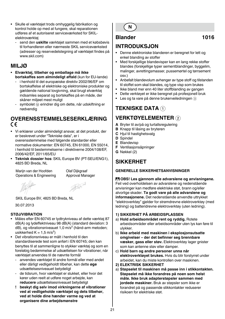 Miljø, Overensstemmelseserklæring, Blander 1016 introduksjon | Tekniske data 1 verktøyelementer 2, Sikkerhet | Skil 1016 AA User Manual | Page 21 / 88