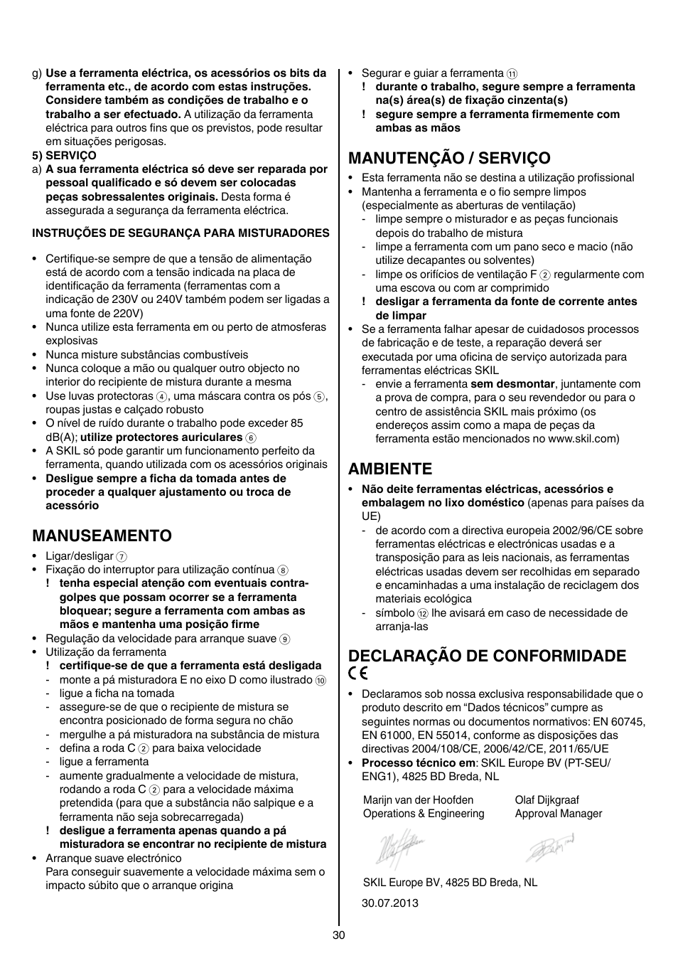 Manuseamento, Manutenção / serviço, Ambiente | Declaração de conformidade | Skil 1016 AA User Manual | Page 30 / 88