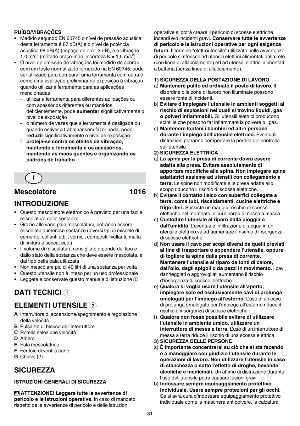 Mescolatore 1016 introduzione, Dati tecnici 1 elementi utensile 2, Sicurezza | Skil 1016 AA User Manual | Page 31 / 88