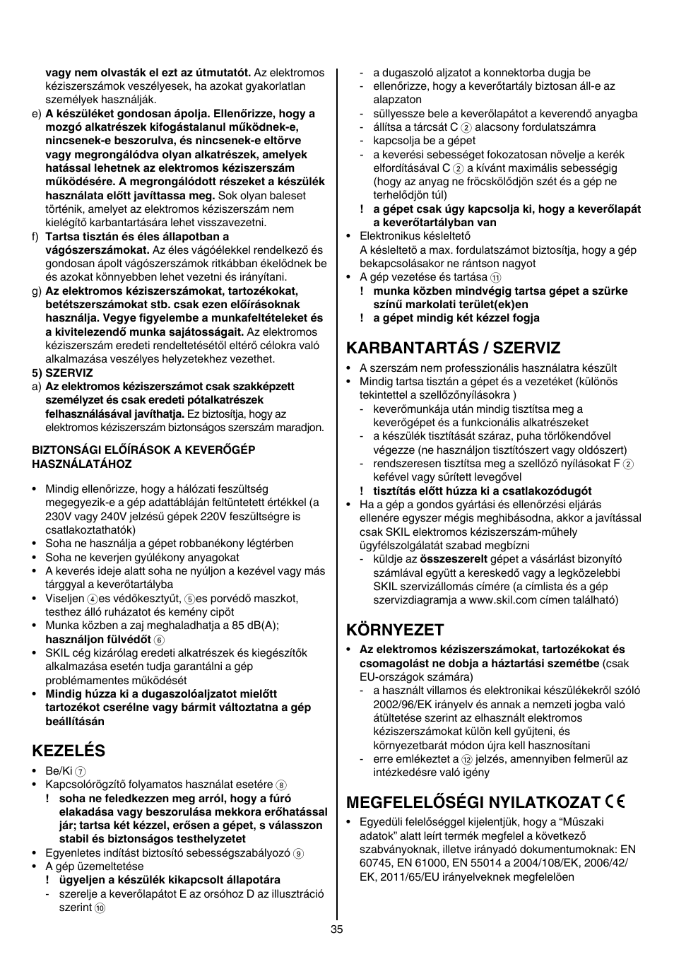 Kezelés, Karbantartás / szerviz, Környezet | Megfelelőségi nyilatkozat | Skil 1016 AA User Manual | Page 35 / 88