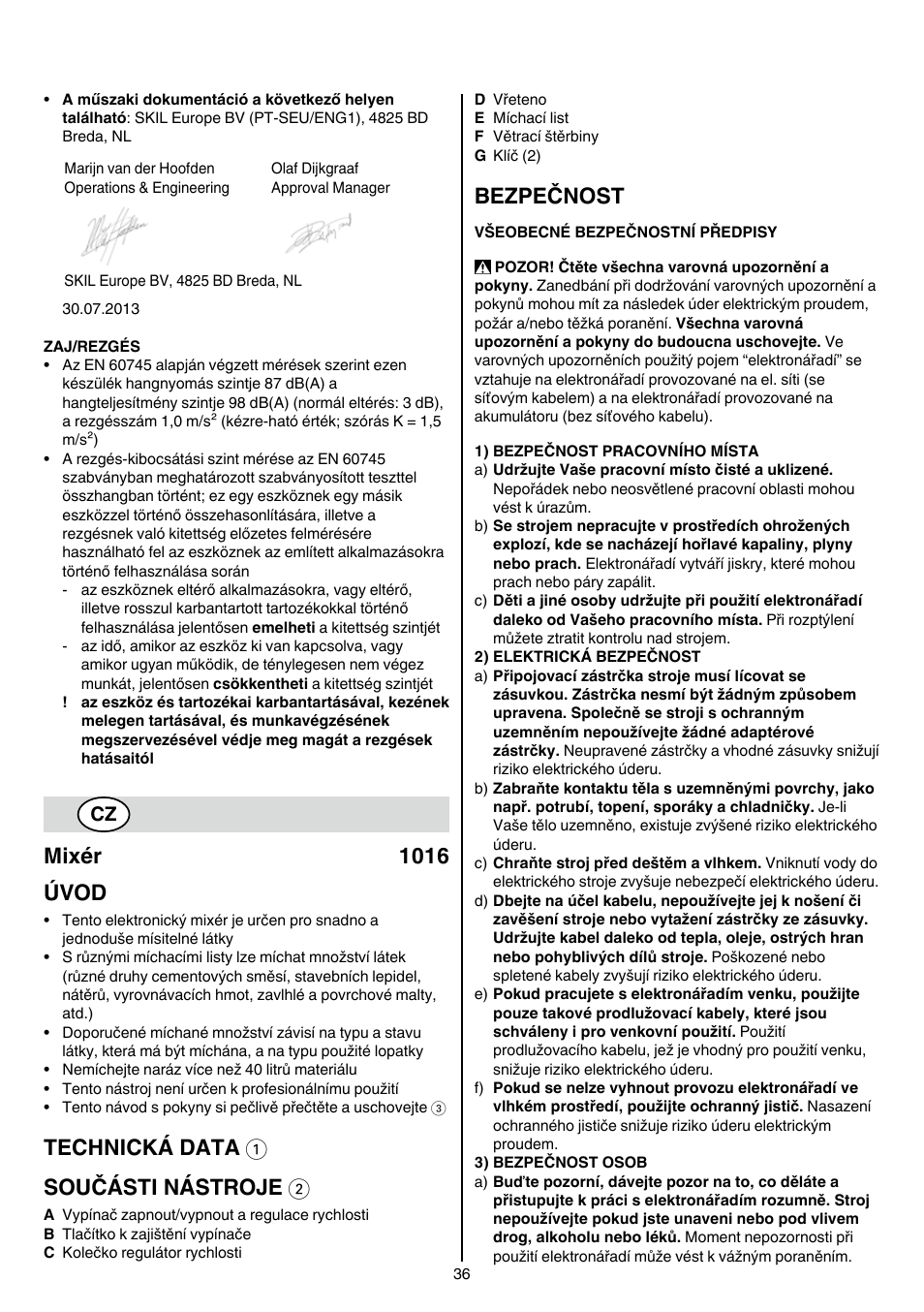 Mixér 1016 úvod, Technická data 1 součásti nástroje 2, Bezpečnost | Skil 1016 AA User Manual | Page 36 / 88