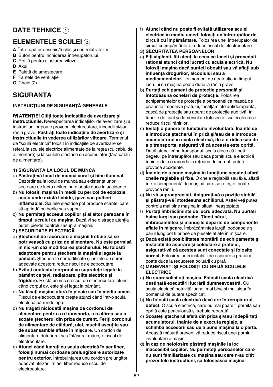 Date tehnice 1 elementele sculei 2, Siguranţa | Skil 1016 AA User Manual | Page 52 / 88