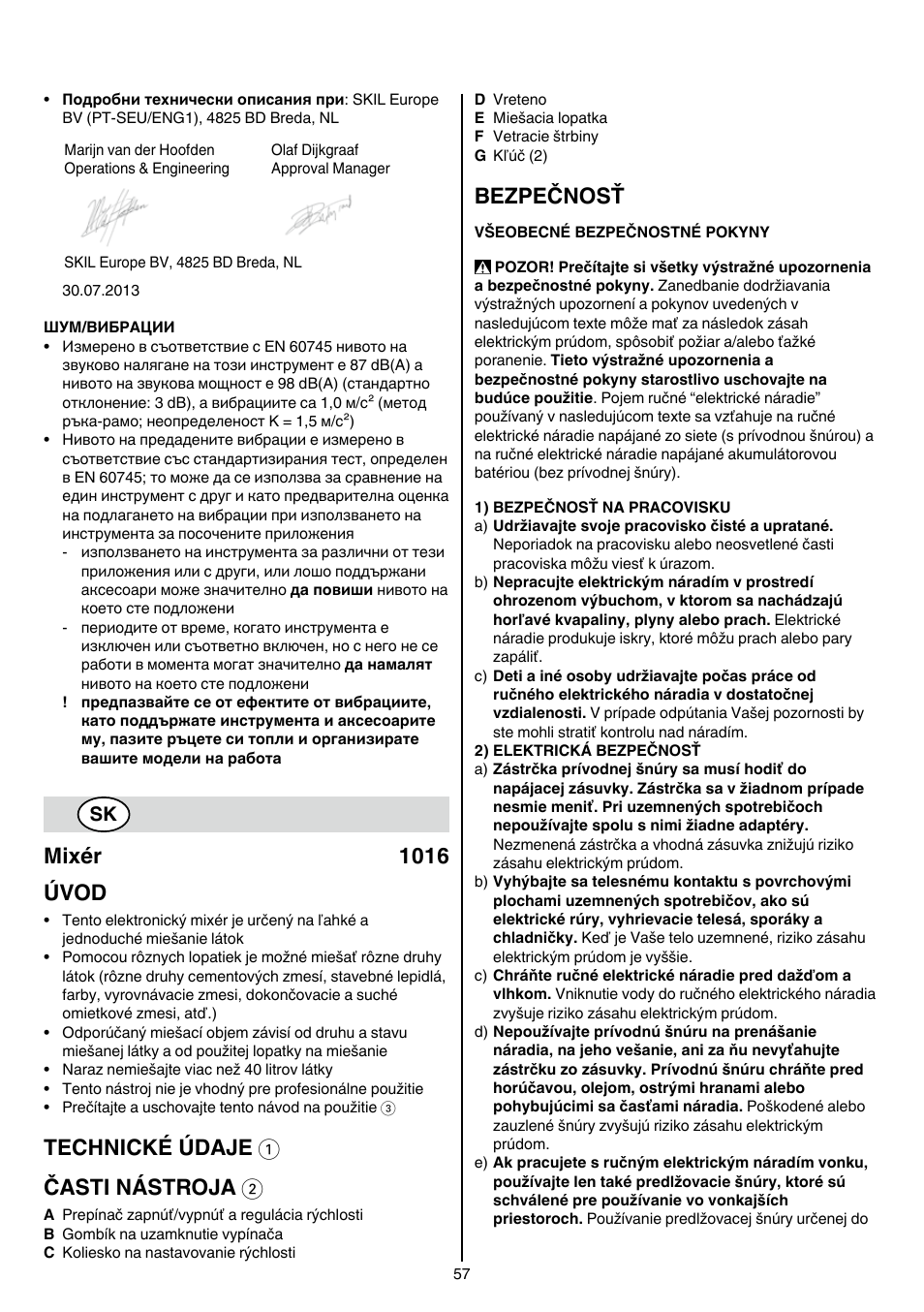 Mixér 1016 úvod, Technické údaje 1 časti nástroja 2, Bezpečnosť | Skil 1016 AA User Manual | Page 57 / 88