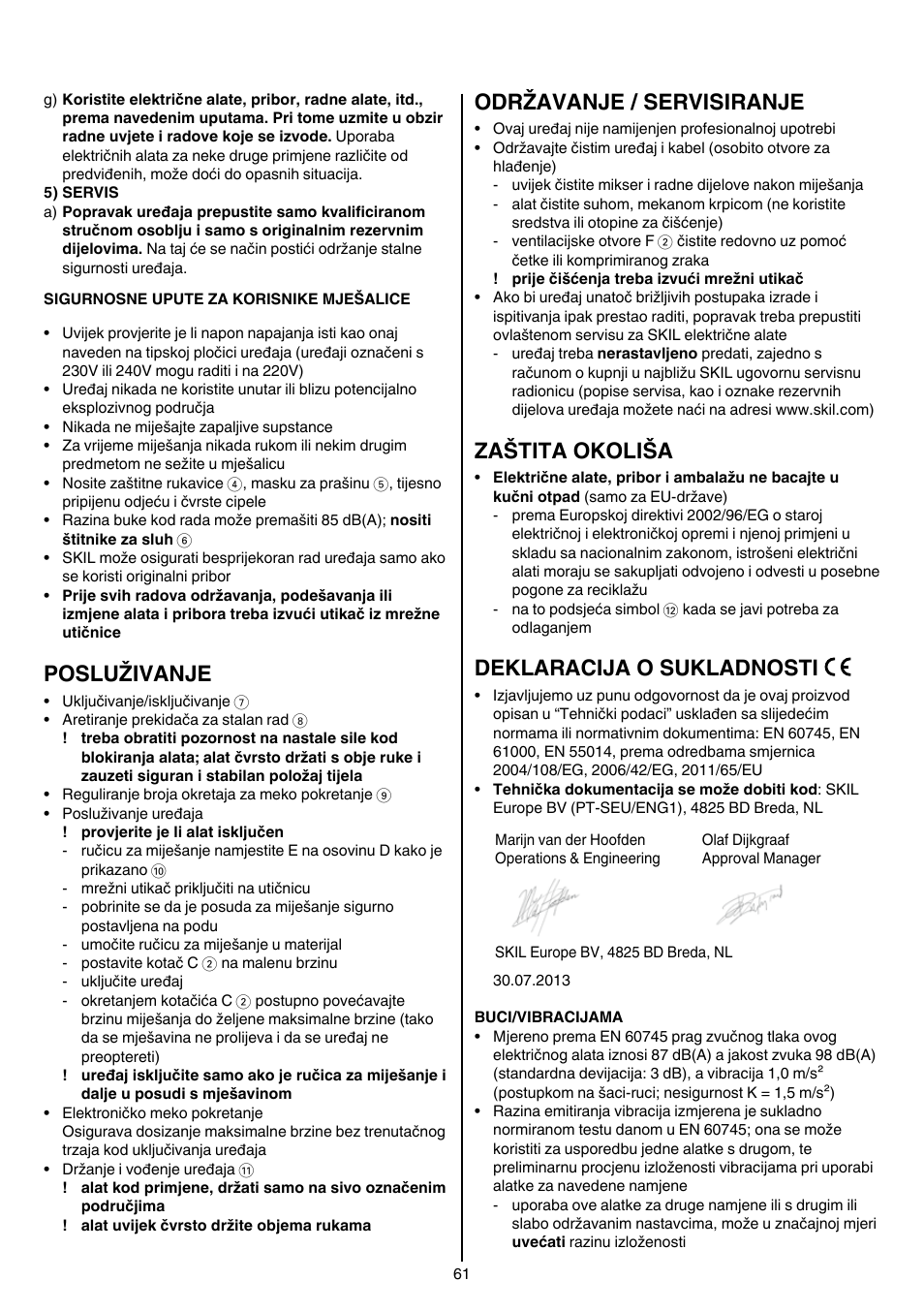 Posluživanje, Održavanje / servisiranje, Zaštita okoliša | Deklaracija o sukladnosti | Skil 1016 AA User Manual | Page 61 / 88