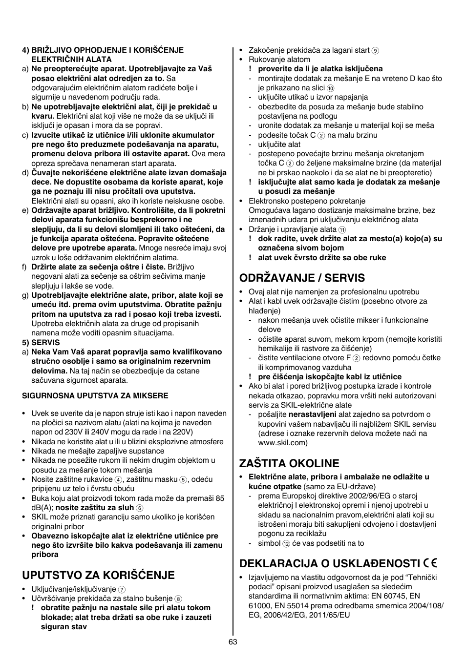 Uputstvo za korišćenje, Održavanje / servis, Zaštita okoline | Deklaracija o usklađenosti | Skil 1016 AA User Manual | Page 63 / 88