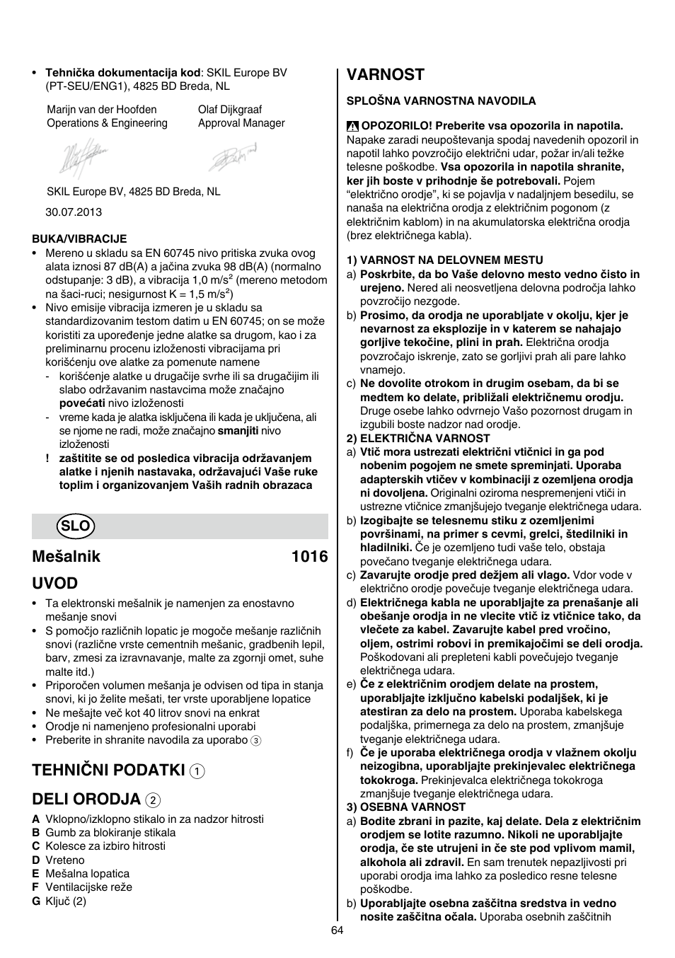 Mešalnik 1016 uvod, Tehnični podatki 1 deli orodja 2, Varnost | Skil 1016 AA User Manual | Page 64 / 88