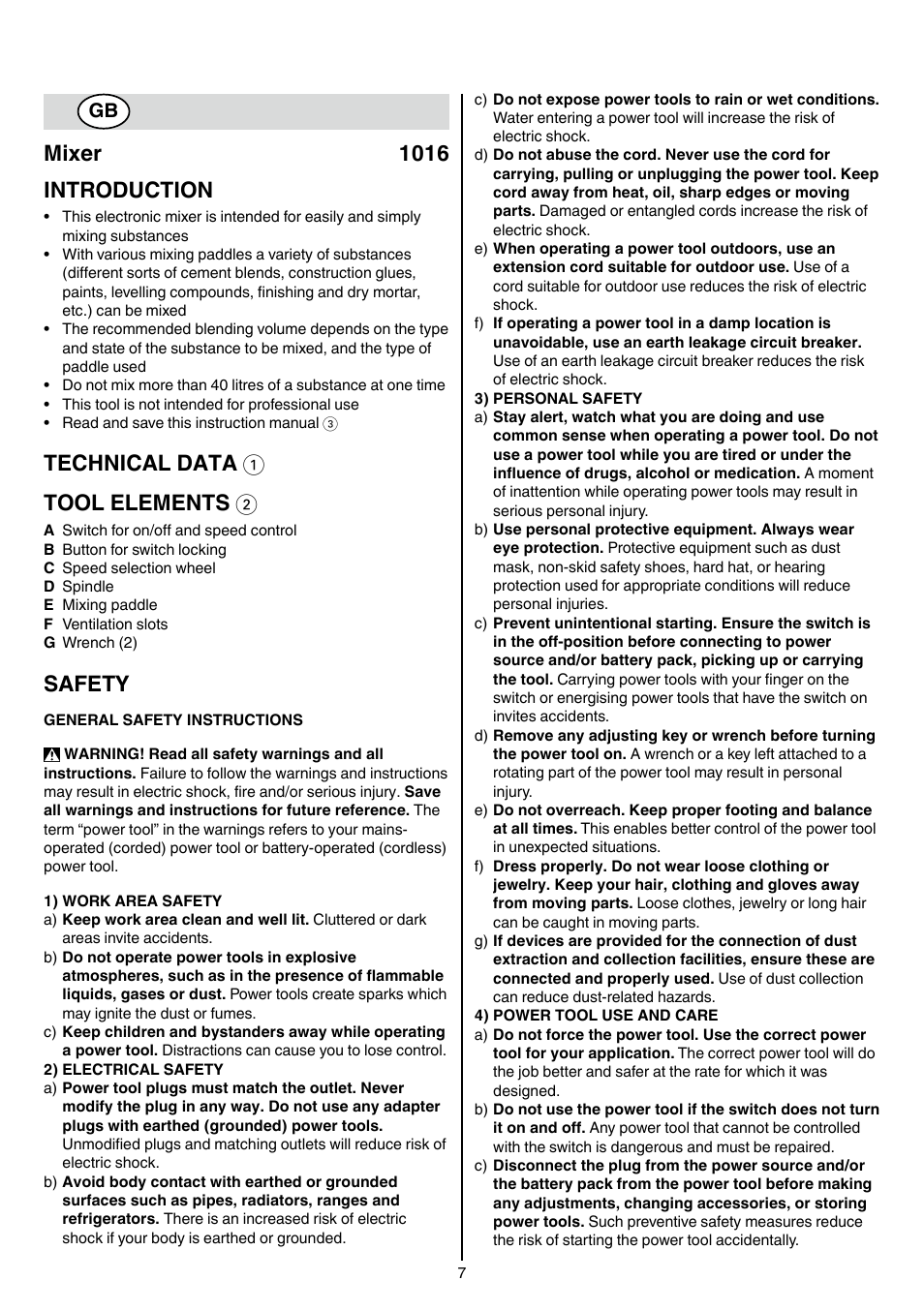 Mixer 1016 introduction, Technical data 1 tool elements 2, Safety | Skil 1016 AA User Manual | Page 7 / 88