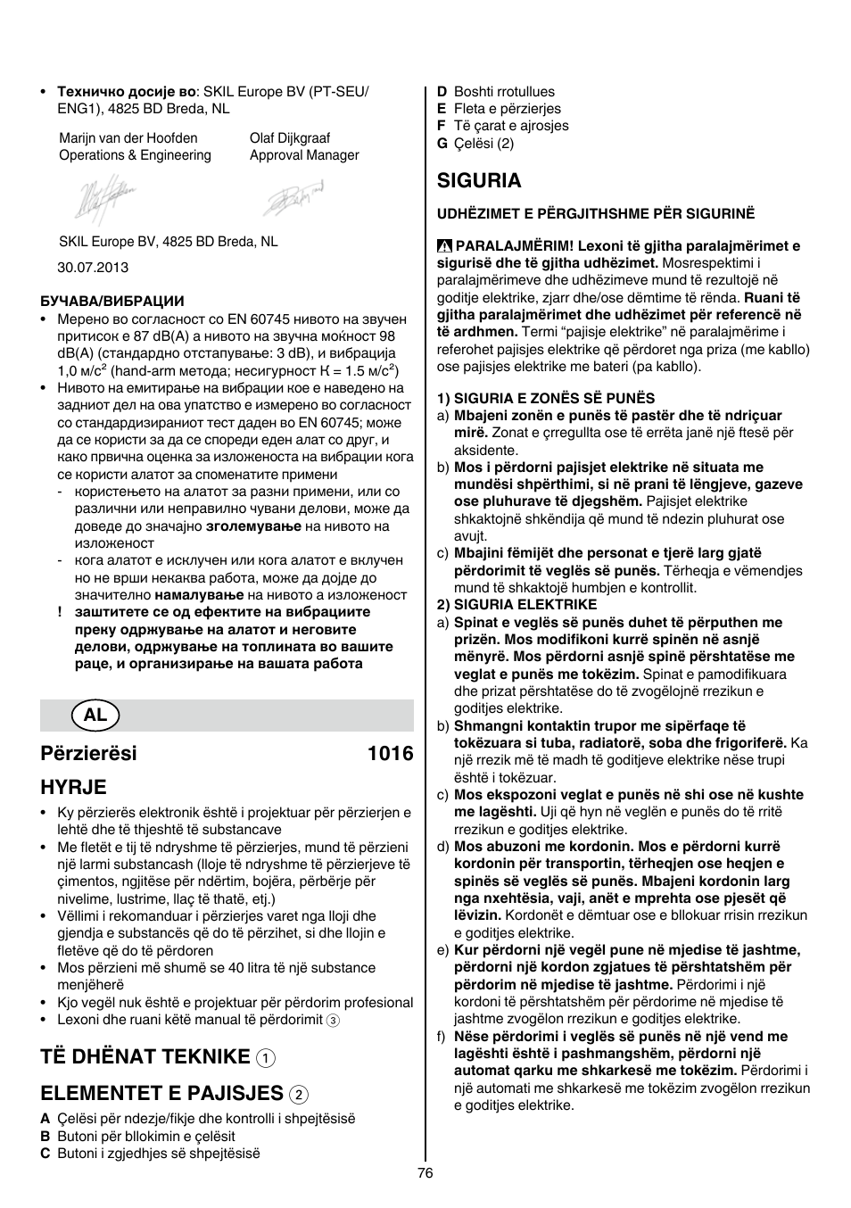 Përzierësi 1016 hyrje, Të dhënat teknike 1 elementet e pajisjes 2, Siguria | Skil 1016 AA User Manual | Page 76 / 88