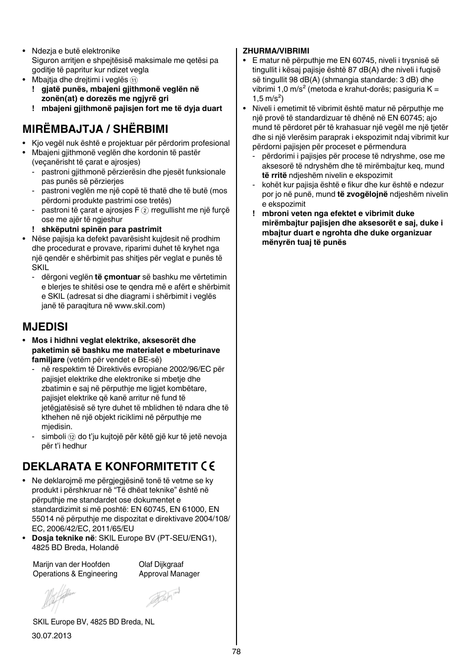 Mirëmbajtja / shërbimi, Mjedisi, Deklarata e konformitetit | Skil 1016 AA User Manual | Page 78 / 88