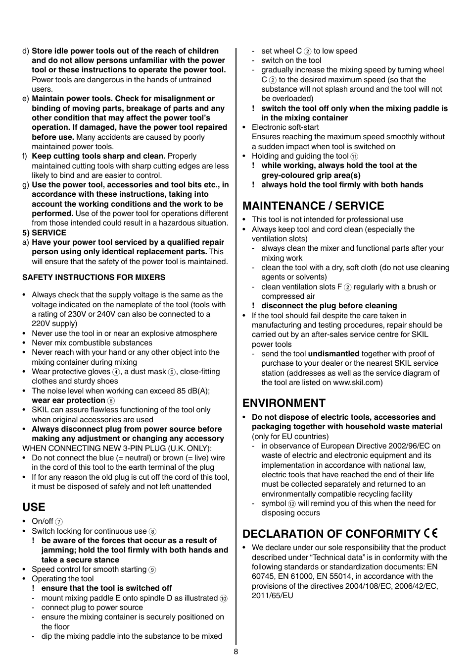 Maintenance / service, Environment, Declaration of conformity | Skil 1016 AA User Manual | Page 8 / 88