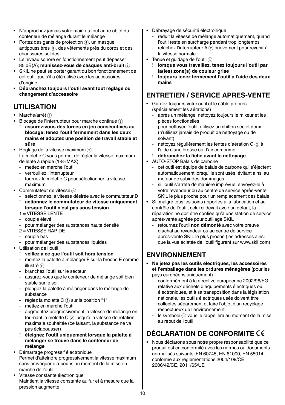 Utilisation, Entretien / service apres-vente, Environnement | Déclaration de conformite | Skil 1613 AA User Manual | Page 10 / 92