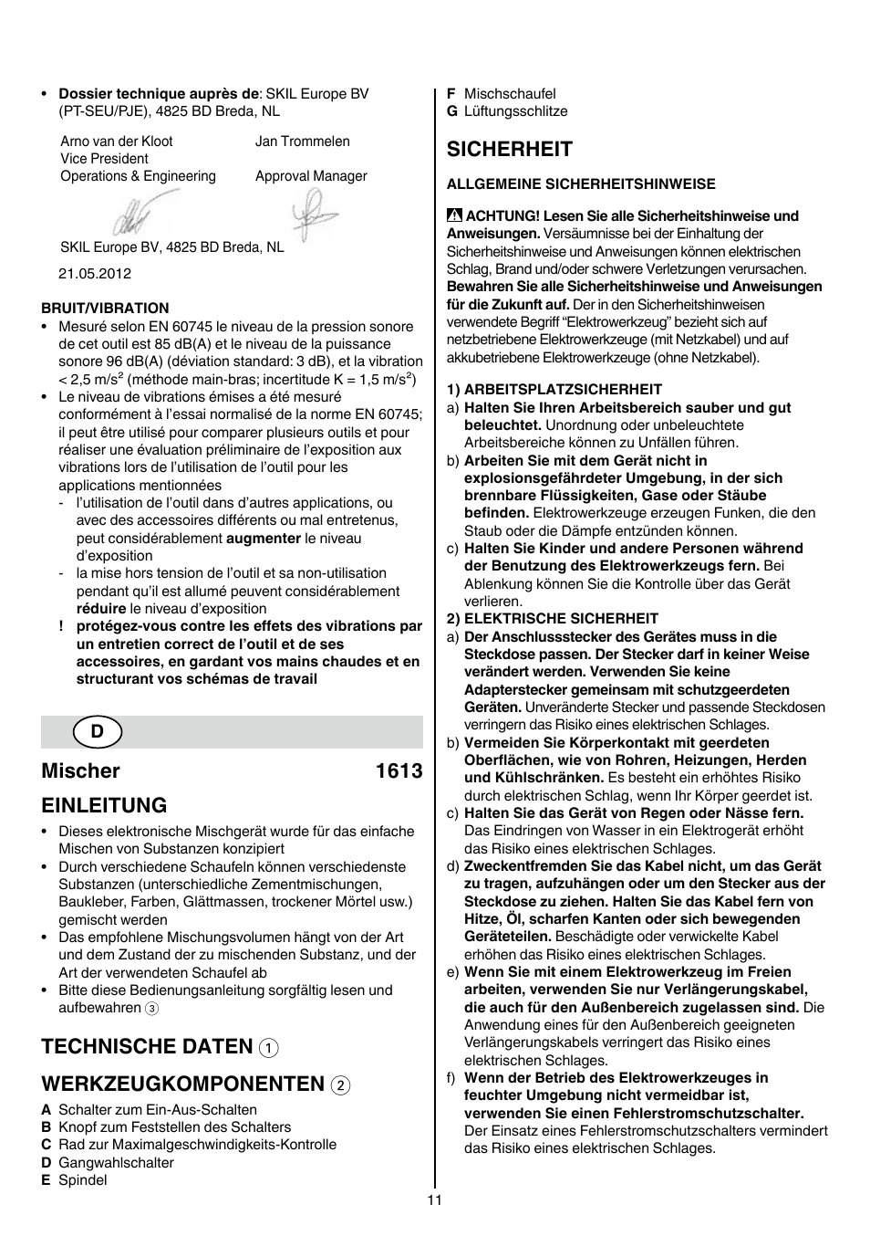 Mischer 1613 einleitung, Technische daten 1 werkzeugkomponenten 2, Sicherheit | Skil 1613 AA User Manual | Page 11 / 92