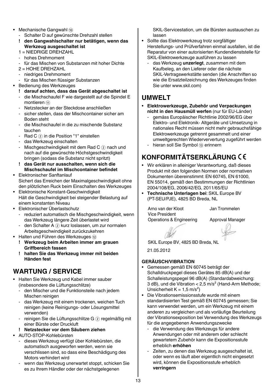 Wartung / service, Umwelt, Konformitätserklärung | Skil 1613 AA User Manual | Page 13 / 92