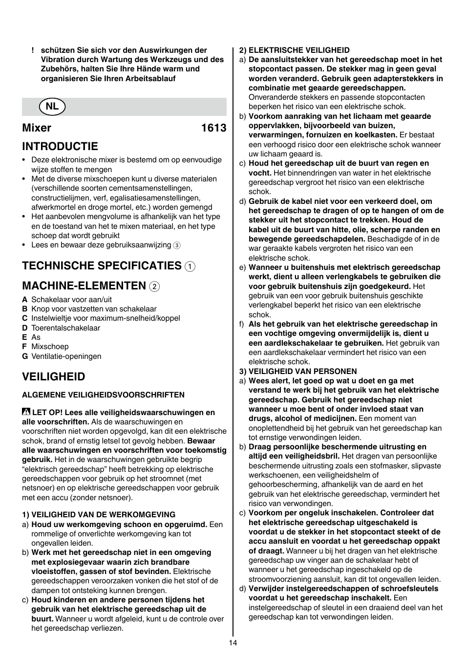 Mixer 1613 introductie, Technische specificaties 1 machine-elementen 2, Veiligheid | Skil 1613 AA User Manual | Page 14 / 92
