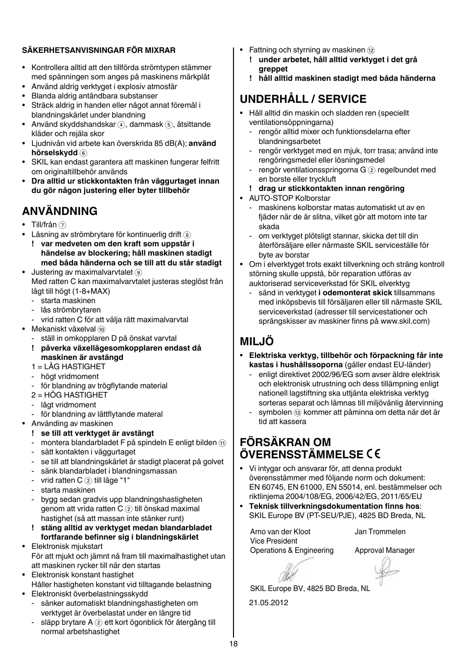 Användning, Underhåll / service, Miljö | Försäkran om överensstämmelse | Skil 1613 AA User Manual | Page 18 / 92