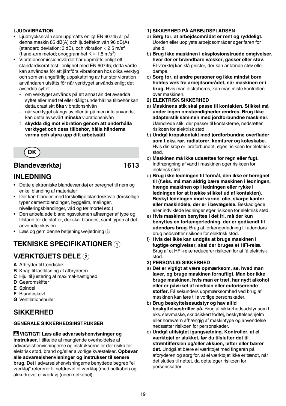 Blandeværktøj 1613 inledning, Tekniske specifikationer 1 værktøjets dele 2, Sikkerhed | Skil 1613 AA User Manual | Page 19 / 92