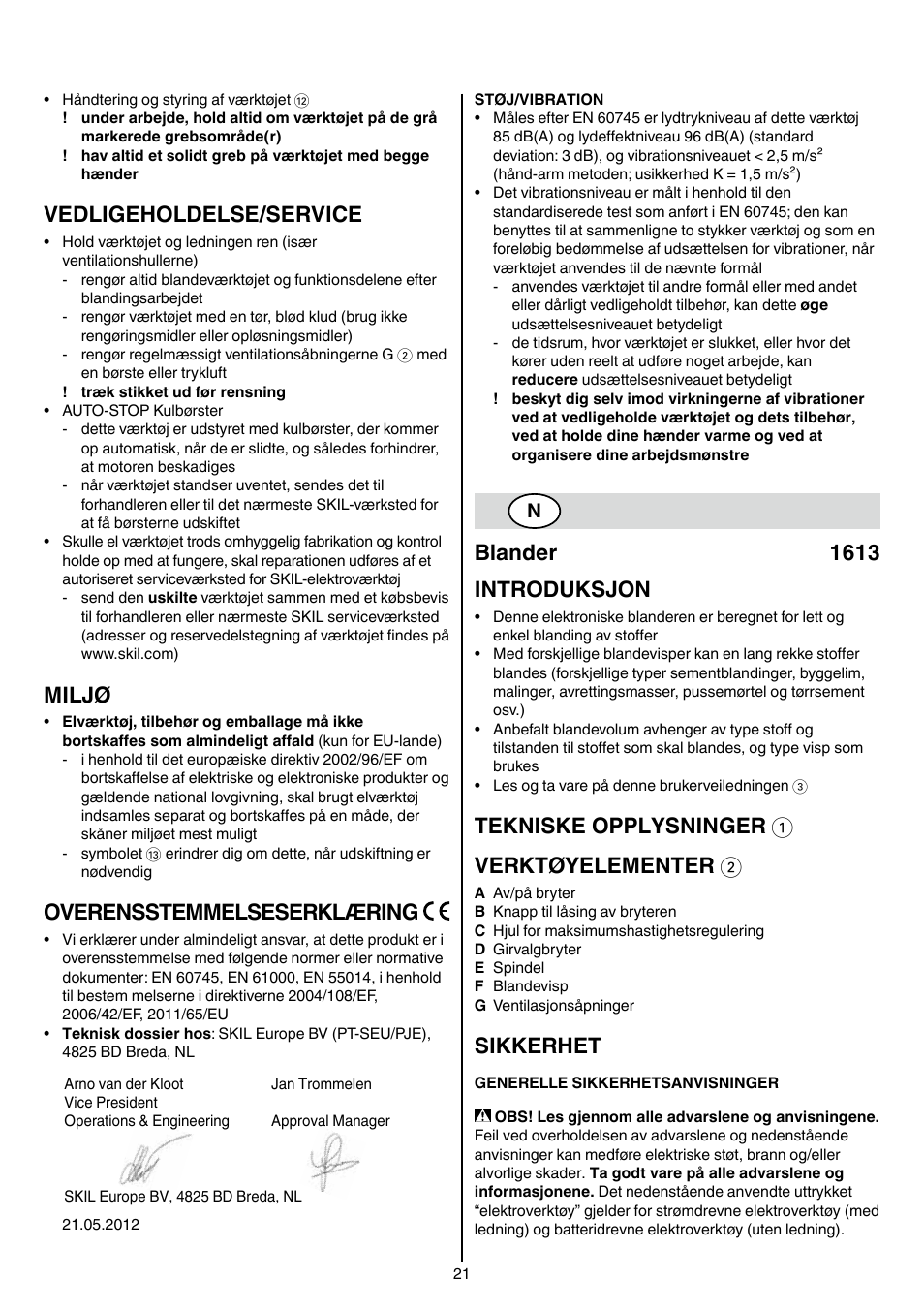 Vedligeholdelse/service, Miljø, Overensstemmelseserklæring | Blander 1613 introduksjon, Tekniske opplysninger 1 verktøyelementer 2, Sikkerhet | Skil 1613 AA User Manual | Page 21 / 92