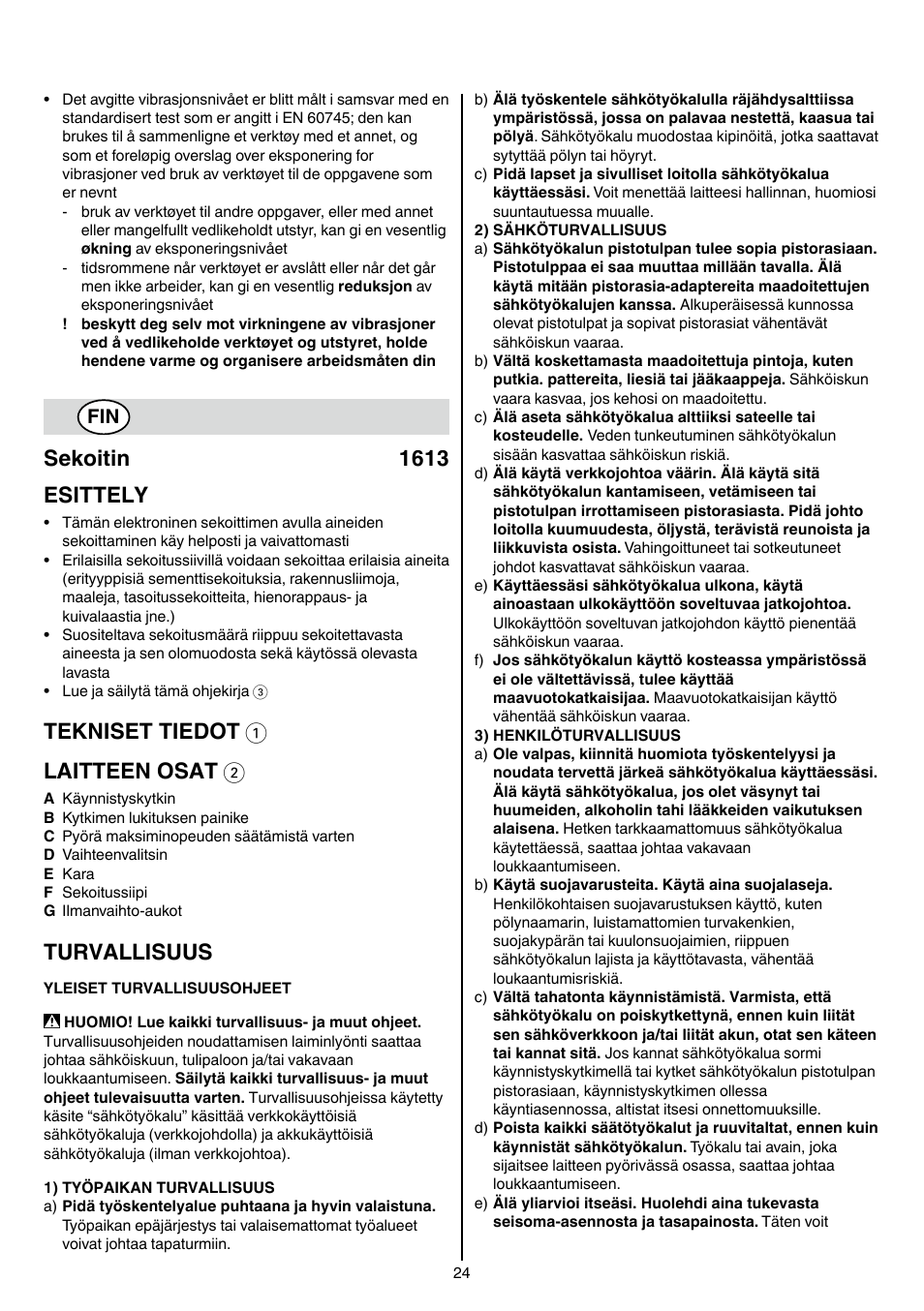 Sekoitin 1613 esittely, Tekniset tiedot 1 laitteen osat 2, Turvallisuus | Skil 1613 AA User Manual | Page 24 / 92