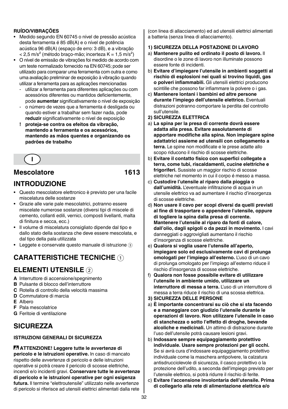 Mescolatore 1613 introduzione, Caratteristiche tecniche 1 elementi utensile 2, Sicurezza | Skil 1613 AA User Manual | Page 32 / 92