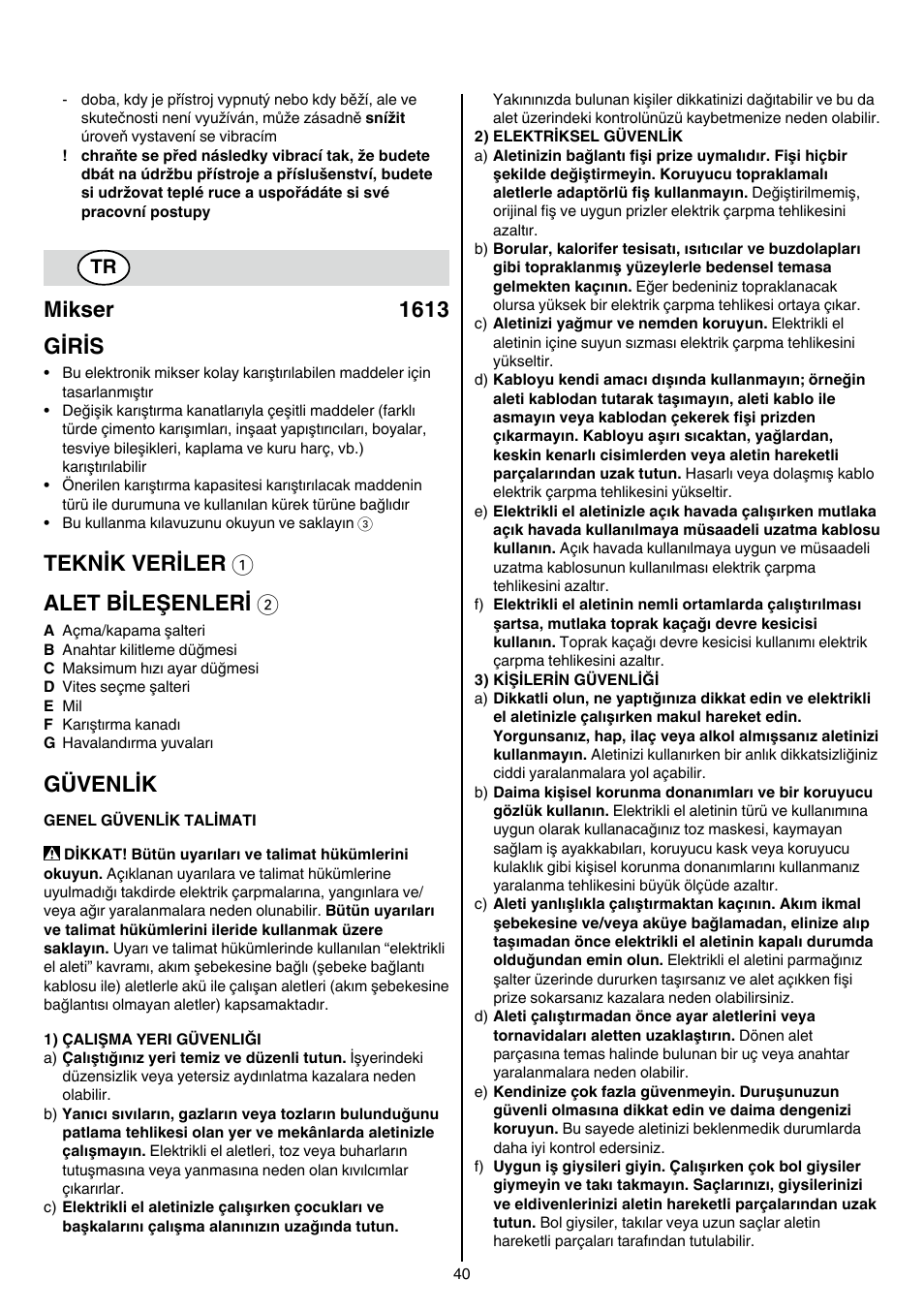 Mikser 1613 giris, Teknik veriler 1 alet bileşenleri 2, Güvenlik | Skil 1613 AA User Manual | Page 40 / 92