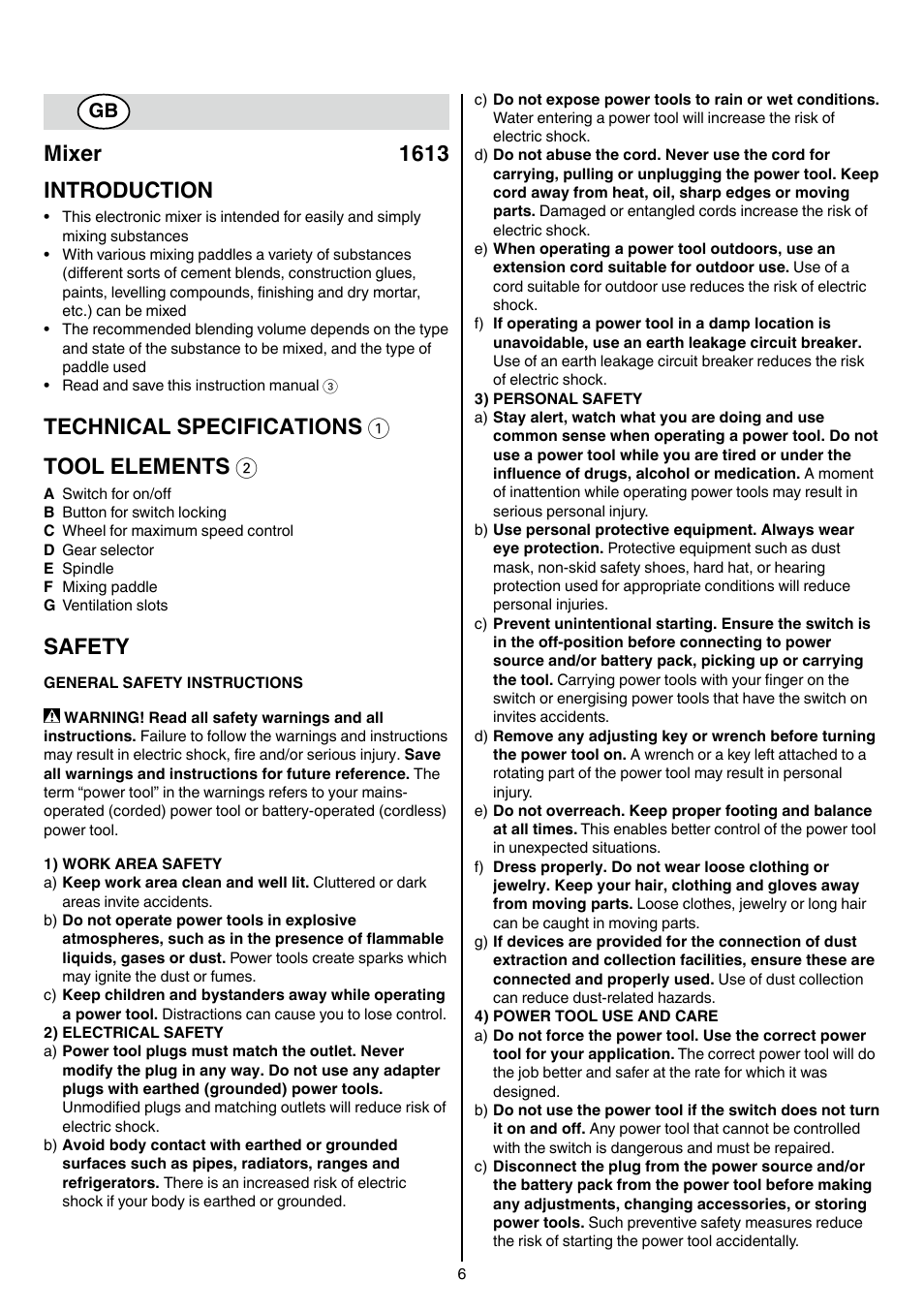 Mixer 1613 introduction, Technical specifications 1 tool elements 2, Safety | Skil 1613 AA User Manual | Page 6 / 92