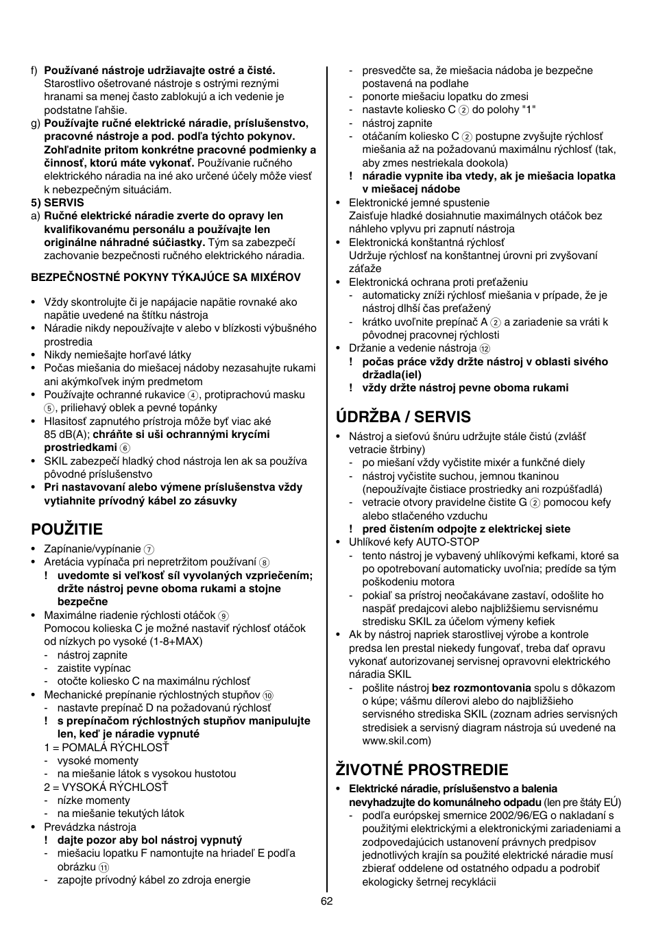 Použitie, Údržba / servis, Životné prostredie | Skil 1613 AA User Manual | Page 62 / 92