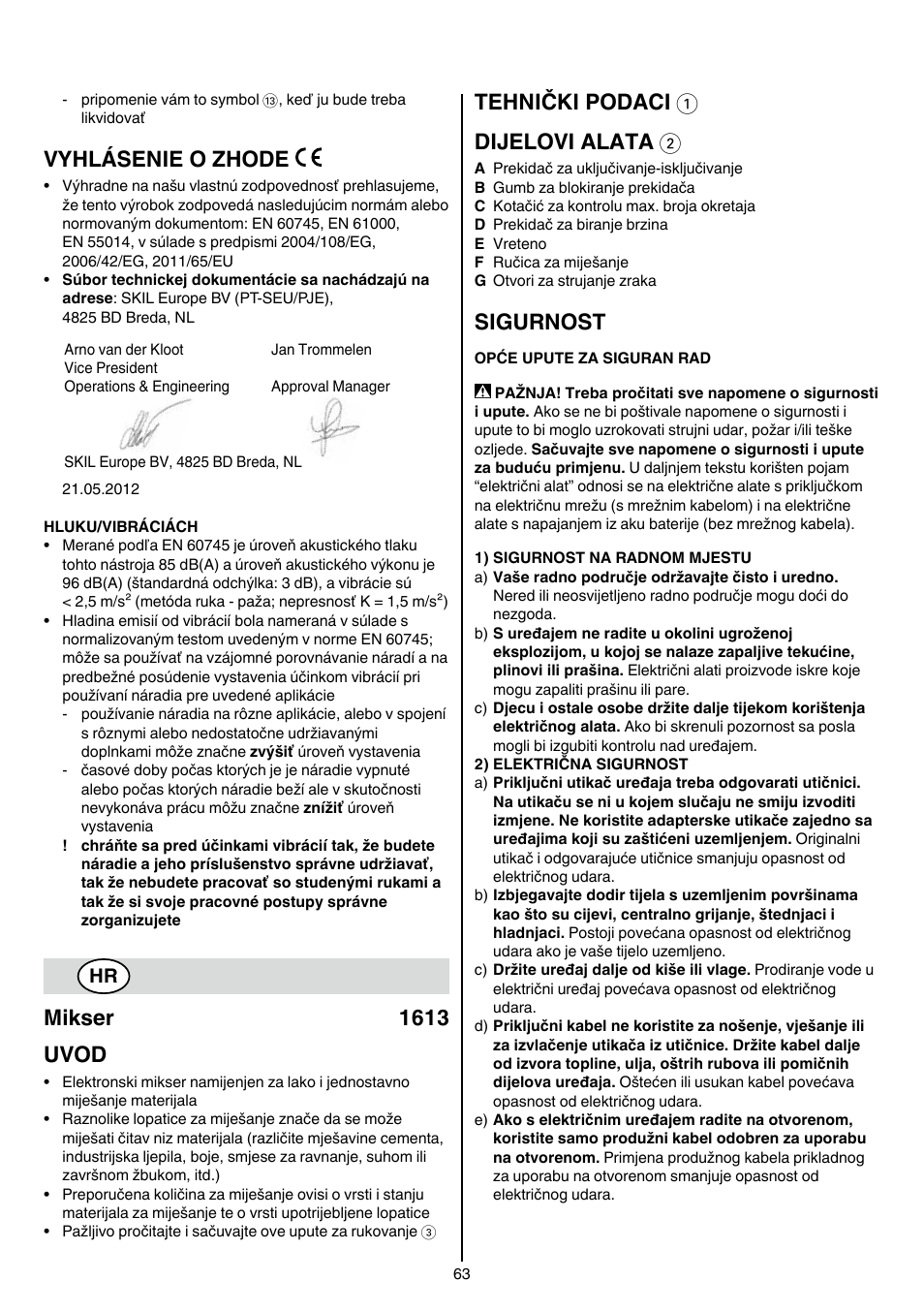 Vyhlásenie o zhode, Mikser 1613 uvod, Tehnički podaci 1 dijelovi alata 2 | Sigurnost | Skil 1613 AA User Manual | Page 63 / 92