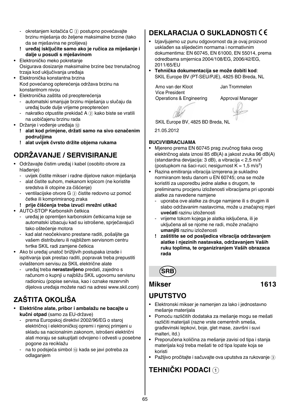 Održavanje / servisiranje, Zaštita okoliša, Deklaracija o sukladnosti | Mikser 1613 uputstvo, Tehnički podaci 1 | Skil 1613 AA User Manual | Page 65 / 92