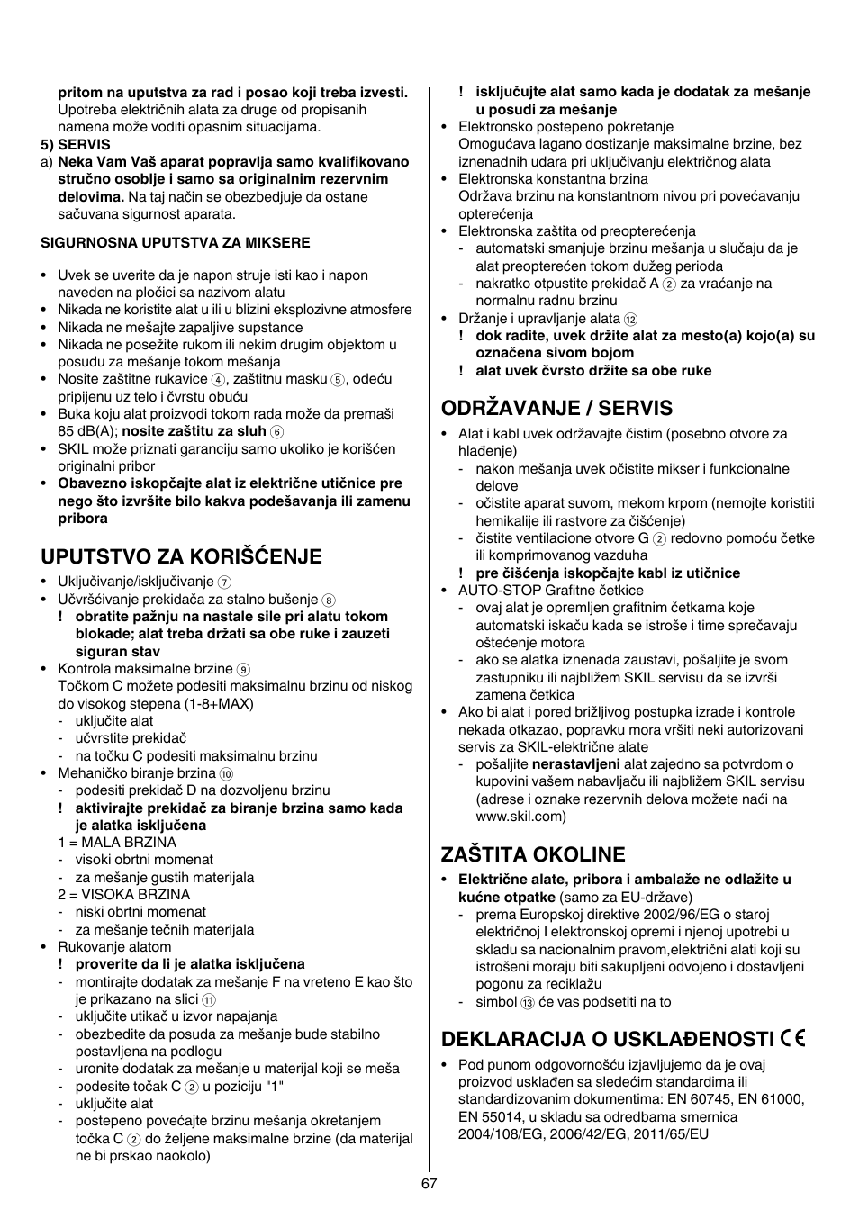 Uputstvo za korišćenje, Održavanje / servis, Zaštita okoline | Deklaracija o usklađenosti | Skil 1613 AA User Manual | Page 67 / 92