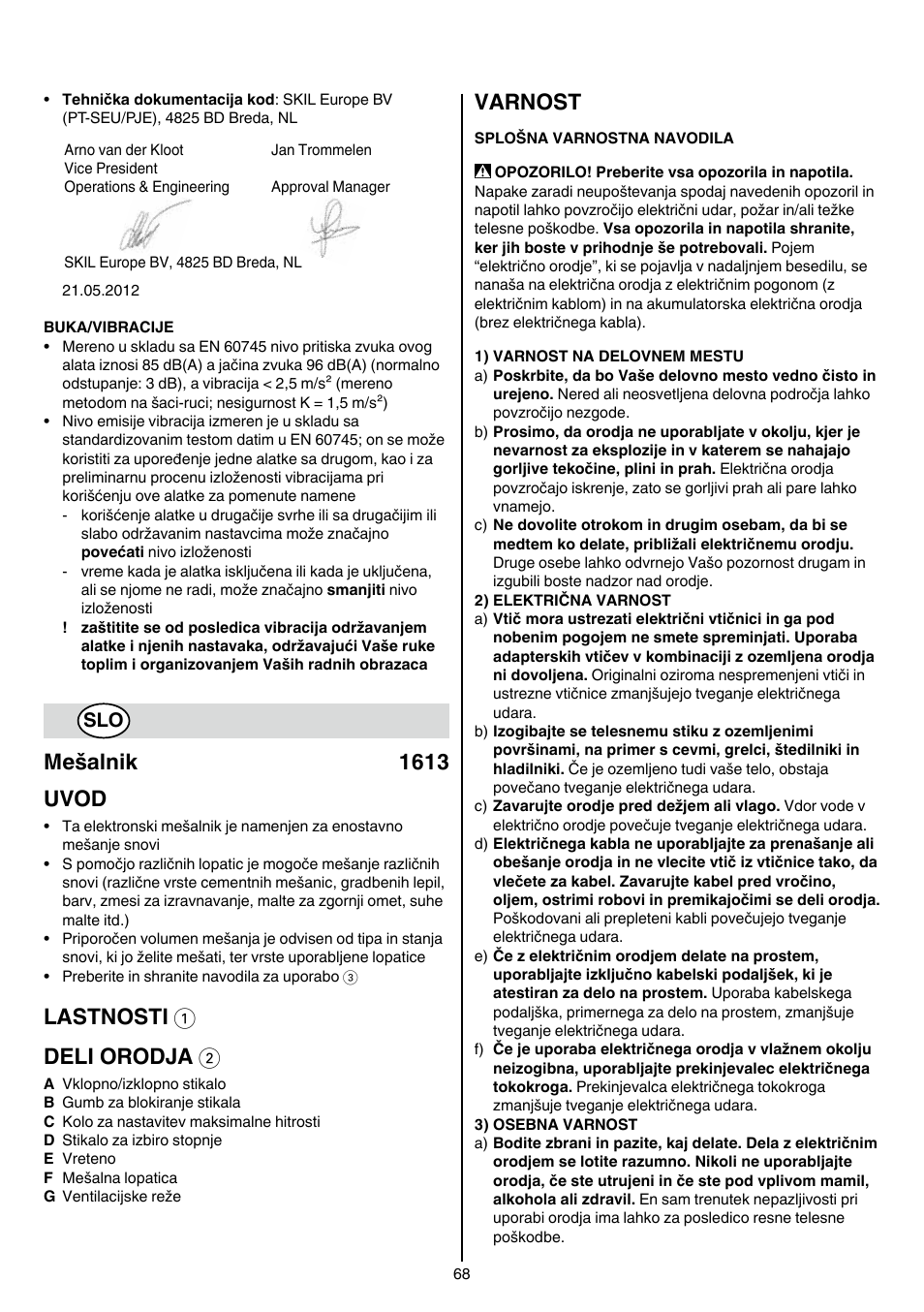 Mešalnik 1613 uvod, Lastnosti 1 deli orodja 2, Varnost | Skil 1613 AA User Manual | Page 68 / 92