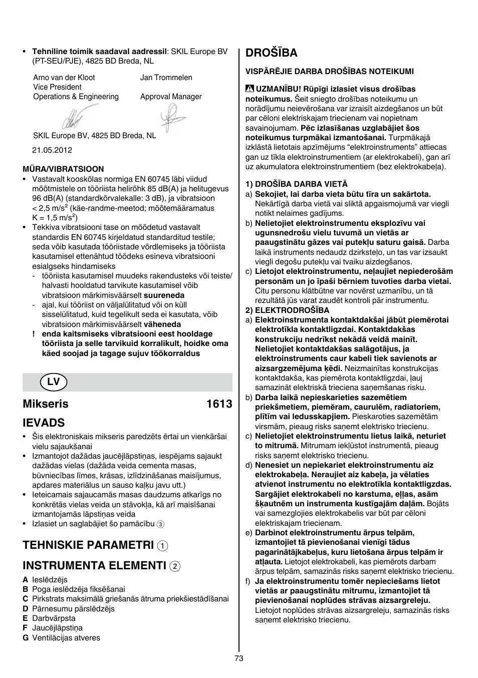 Mikseris 1613 ievads, Tehniskie parametri 1 instrumenta elementi 2, Drošība | Skil 1613 AA User Manual | Page 73 / 92