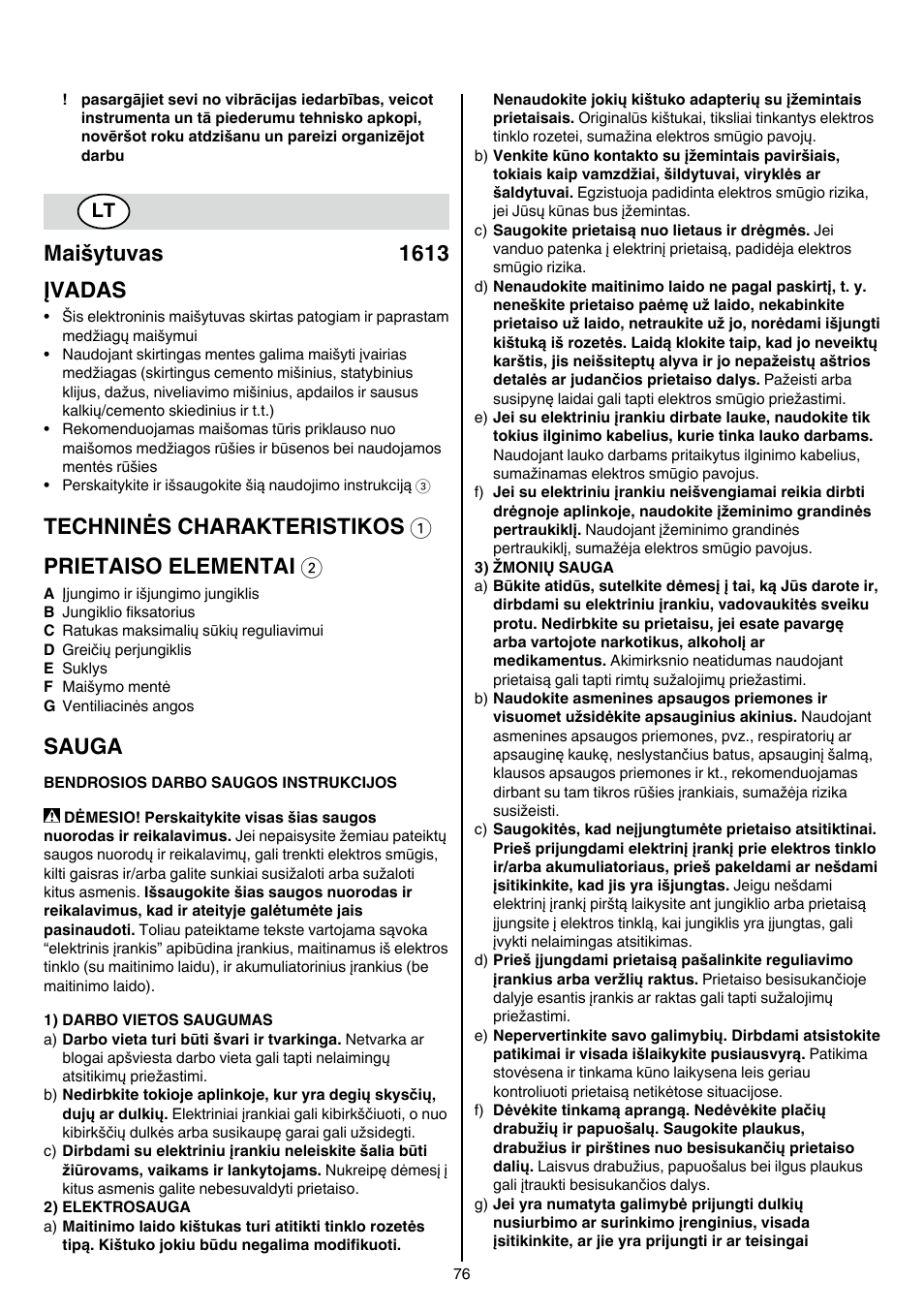 Maišytuvas 1613 įvadas, Techninės charakteristikos 1 prietaiso elementai 2, Sauga | Skil 1613 AA User Manual | Page 76 / 92