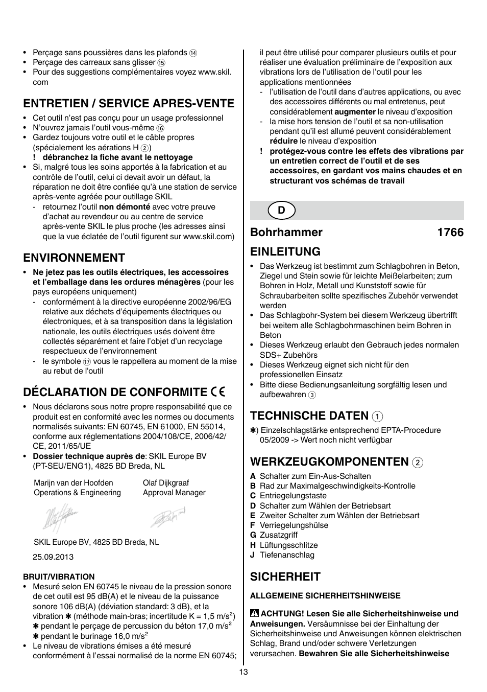 Entretien / service apres-vente, Environnement, Déclaration de conformite | Bohrhammer 1766 einleitung, Technische daten 1, Werkzeugkomponenten 2, Sicherheit | Skil 1766 AK User Manual | Page 13 / 116