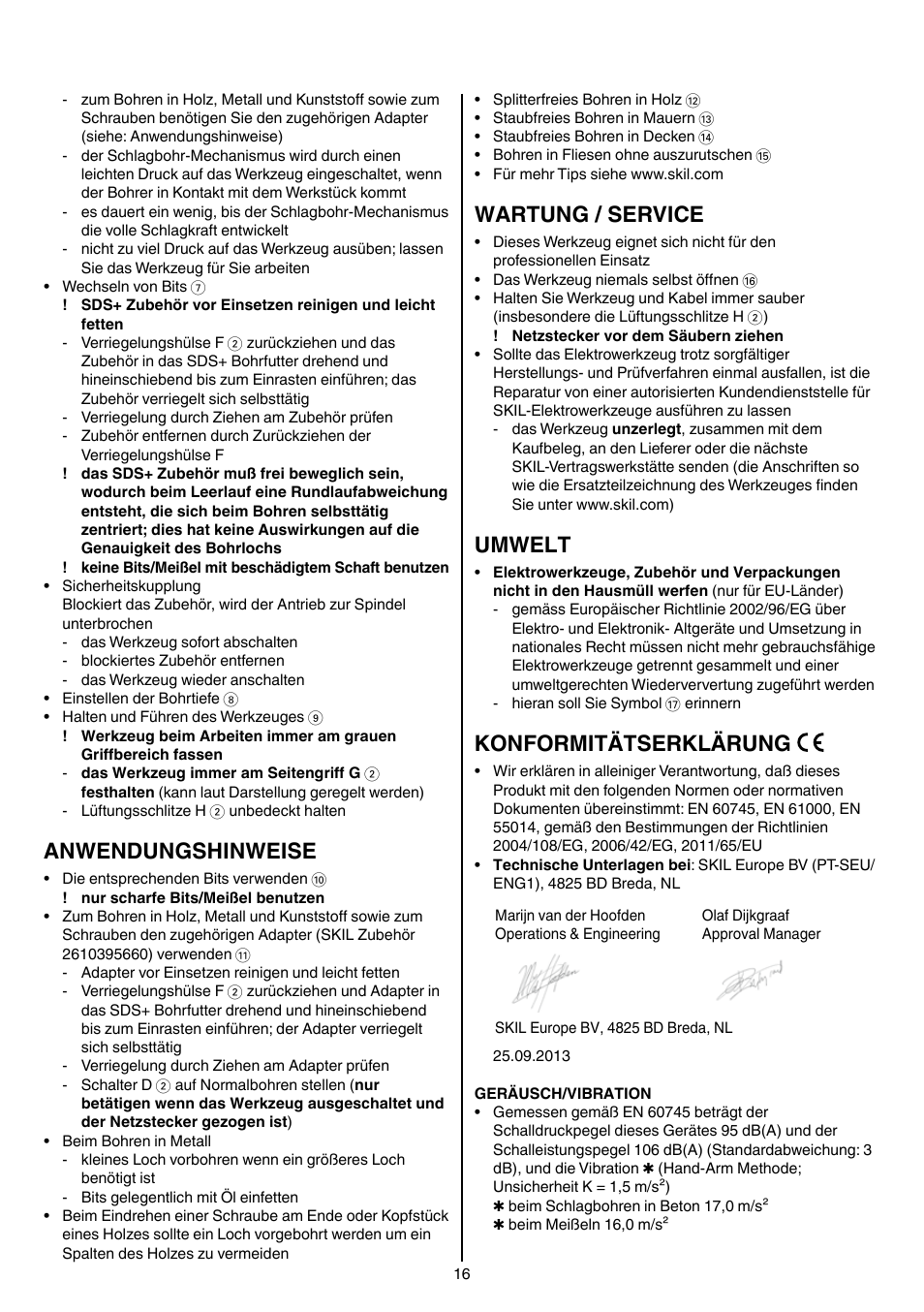 Anwendungshinweise, Wartung / service, Umwelt | Konformitätserklärung | Skil 1766 AK User Manual | Page 16 / 116