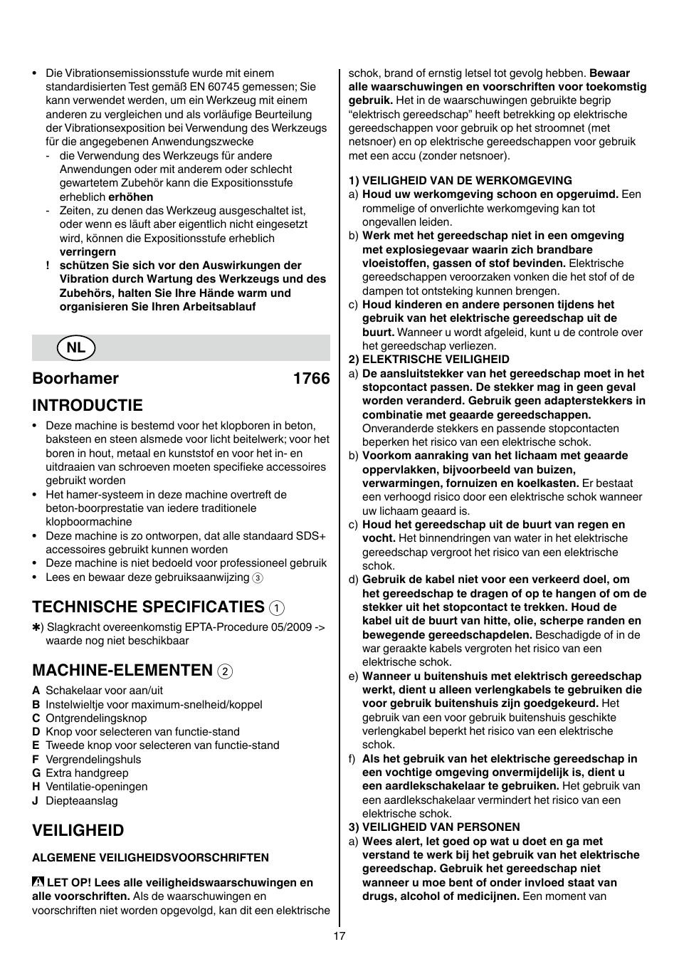 Boorhamer 1766 introductie, Technische specificaties 1, Machine-elementen 2 | Veiligheid | Skil 1766 AK User Manual | Page 17 / 116