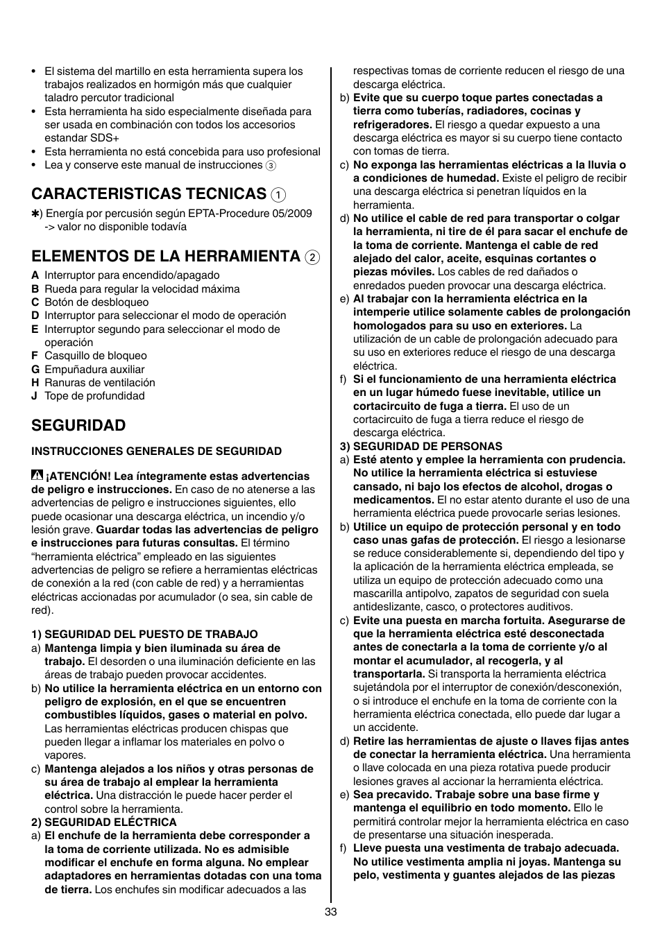 Caracteristicas tecnicas 1, Elementos de la herramienta 2, Seguridad | Skil 1766 AK User Manual | Page 33 / 116