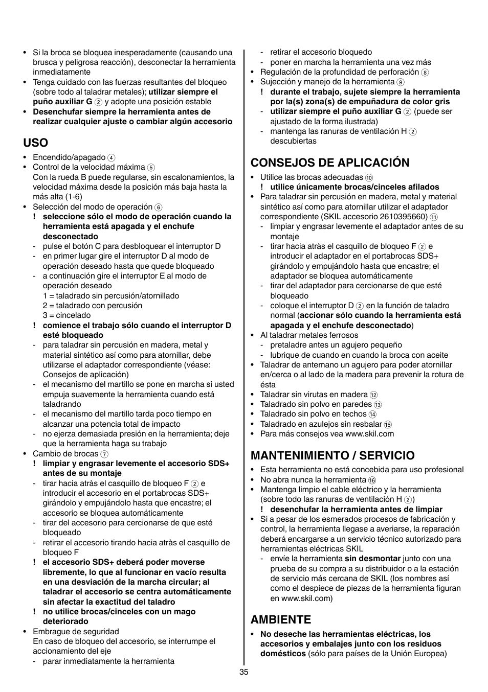 Consejos de aplicación, Mantenimiento / servicio, Ambiente | Skil 1766 AK User Manual | Page 35 / 116