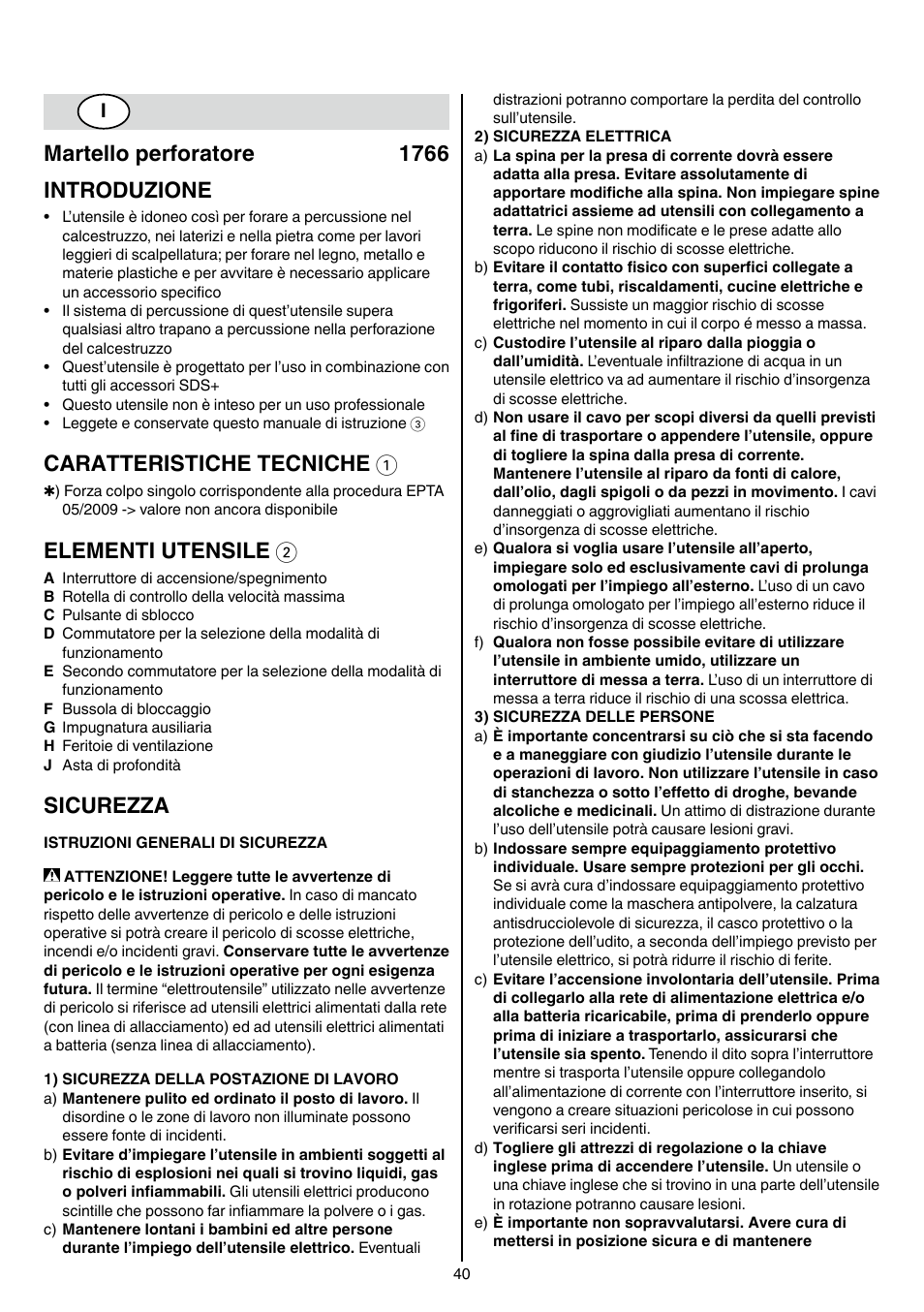 Martello perforatore 1766 introduzione, Caratteristiche tecniche 1, Elementi utensile 2 | Sicurezza | Skil 1766 AK User Manual | Page 40 / 116